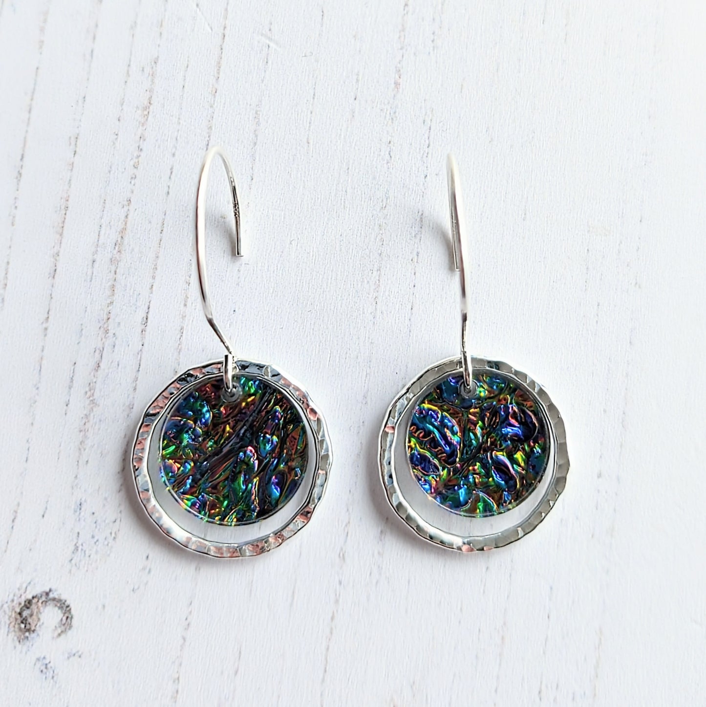 Hammered Circle Dichrolam circle drop earrings