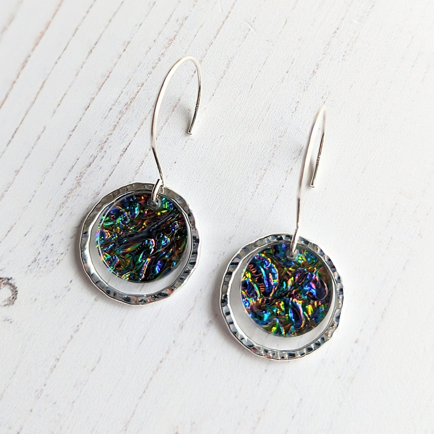 Hammered Circle Dichrolam circle drop earrings