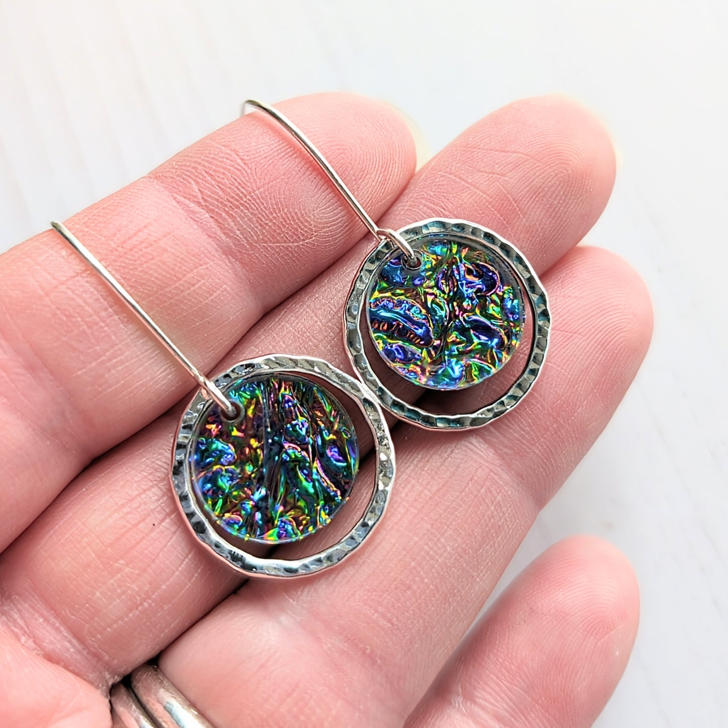 Hammered Circle Dichrolam circle drop earrings