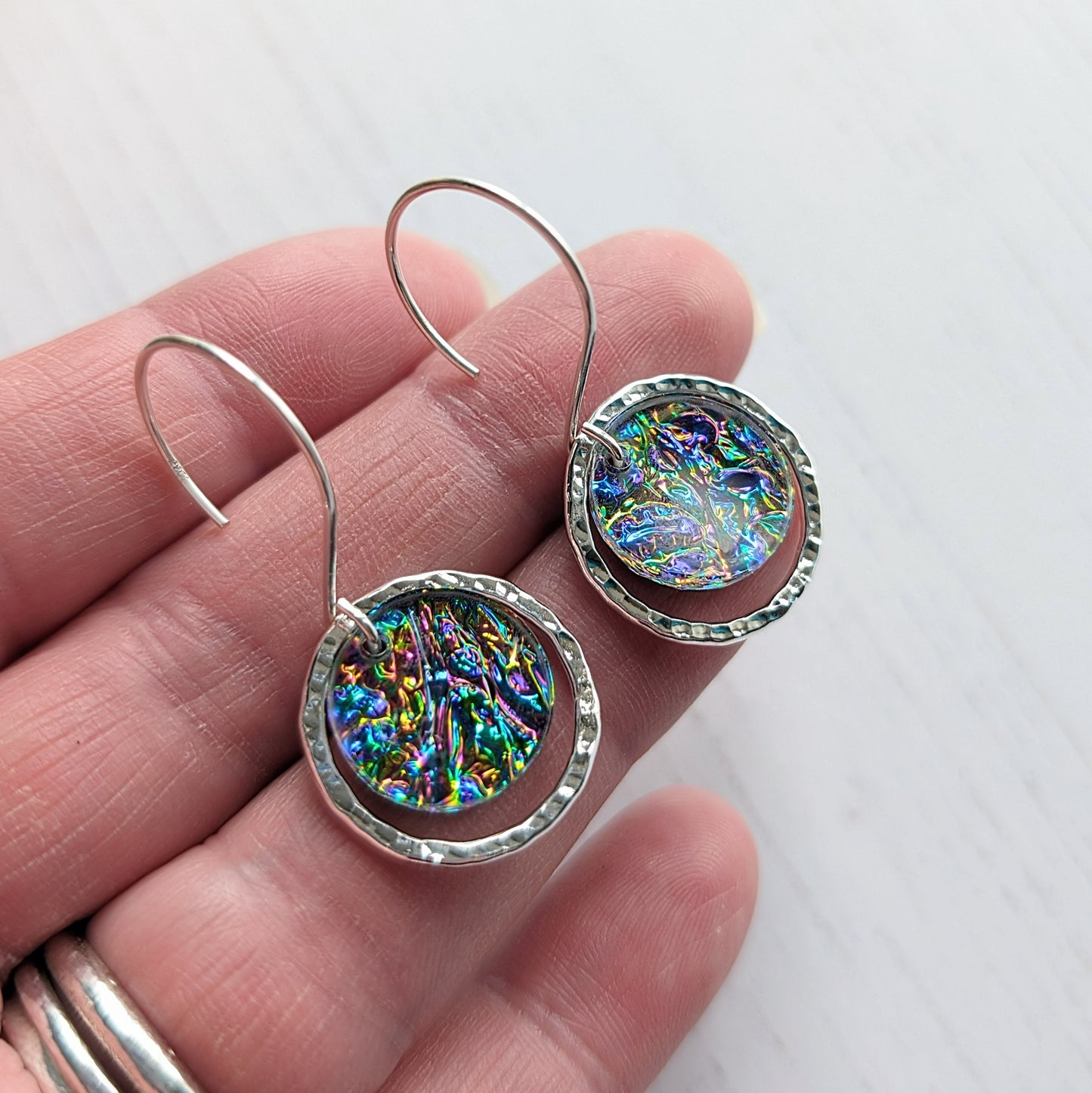 Hammered Circle Dichrolam circle drop earrings