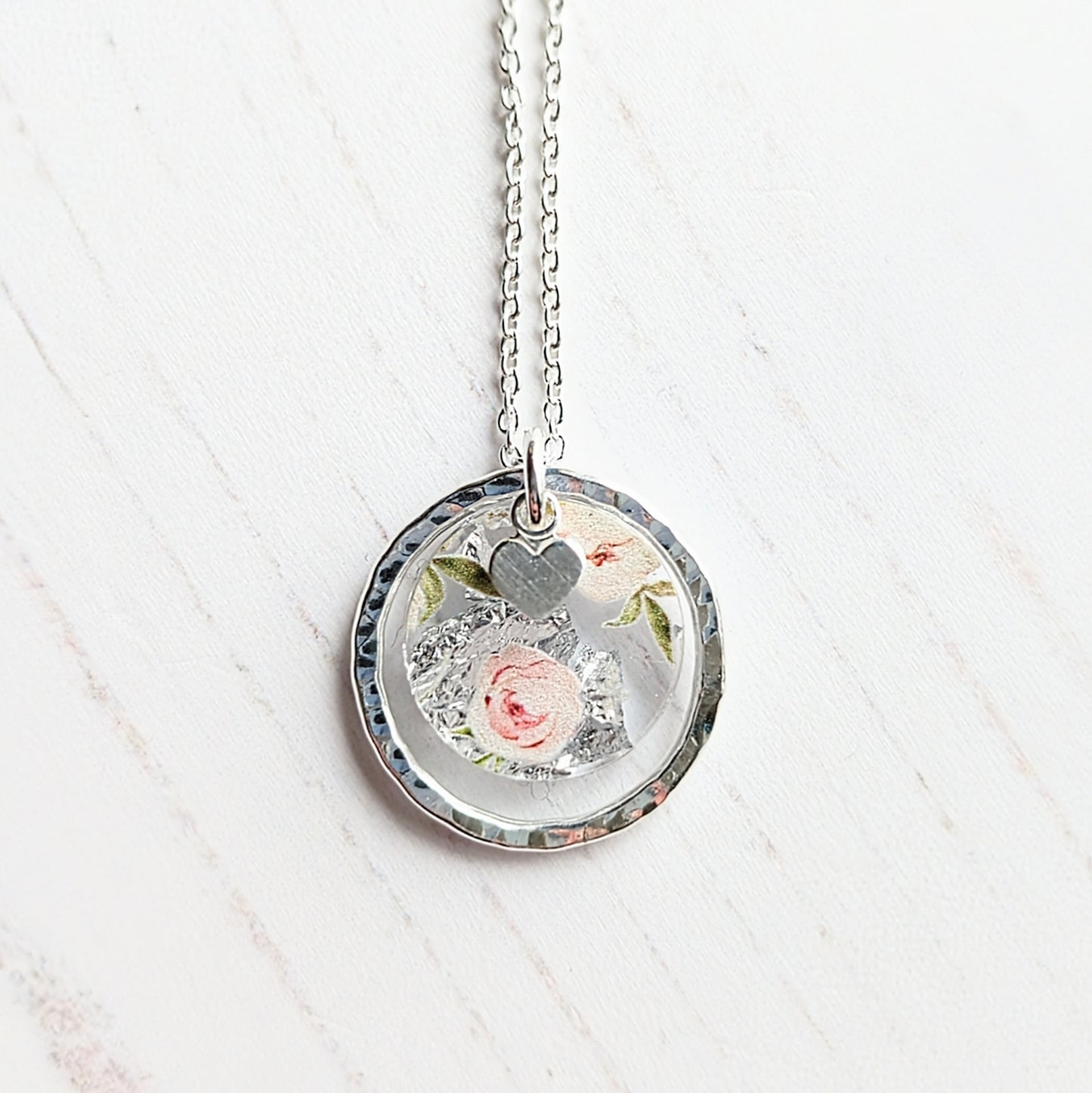 Hammered Circle pendant - Wedding floral with heart