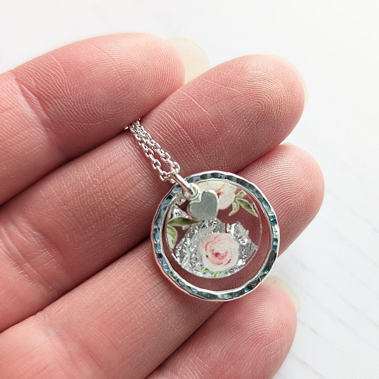 Hammered Circle pendant - Wedding floral with heart