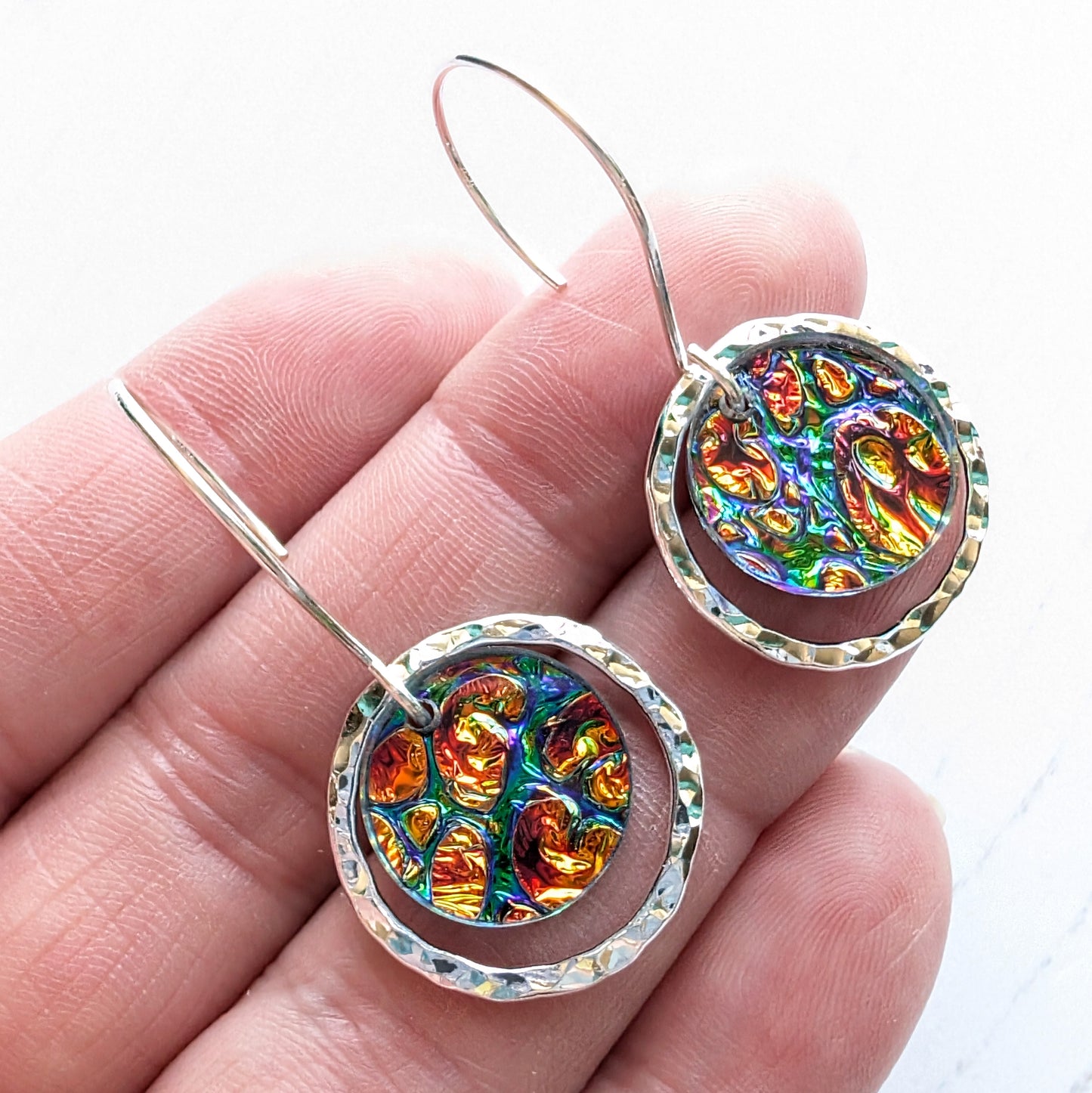 Hammered Circle Dichrolam circle drop earrings