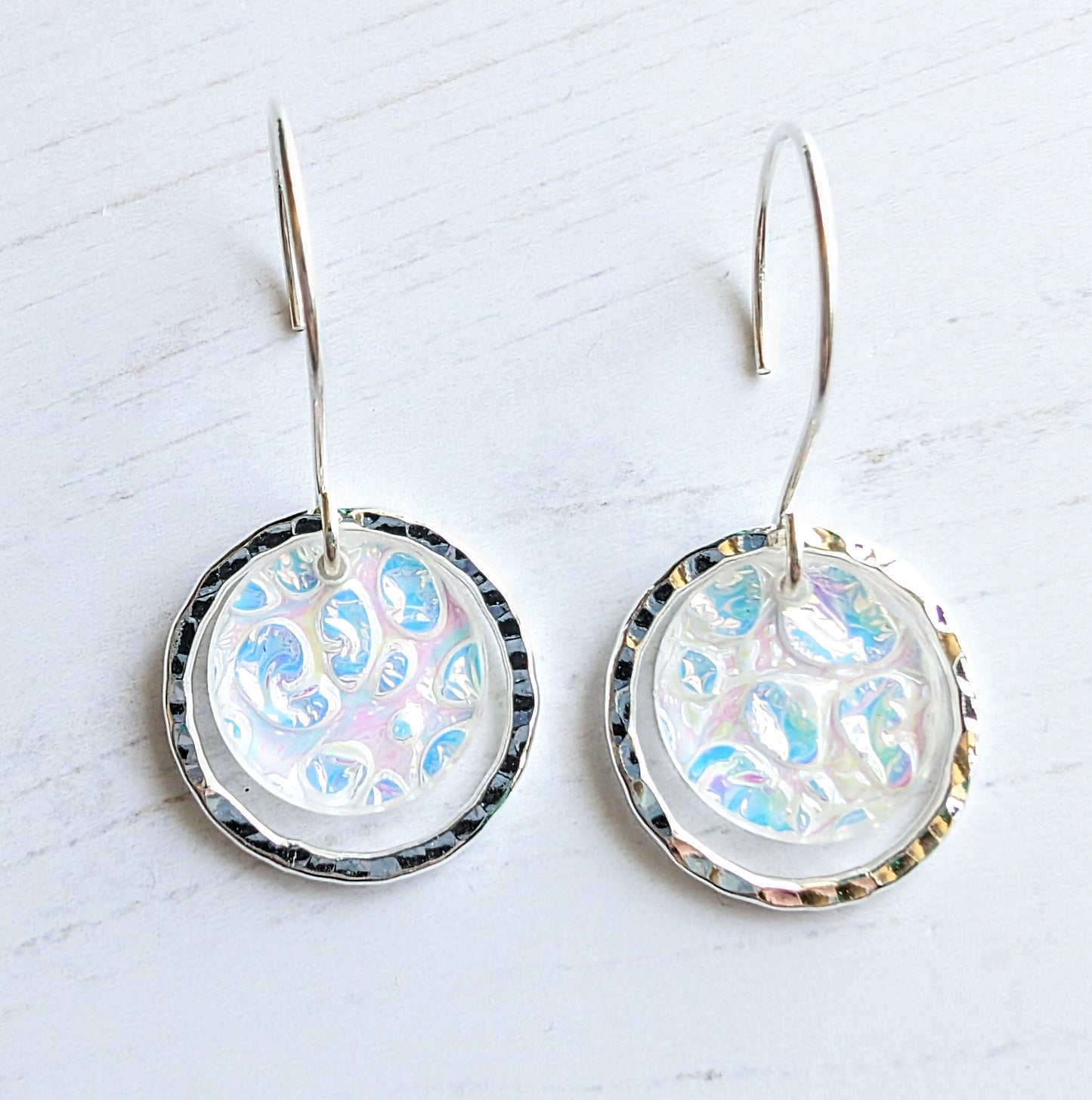 Hammered Circle Dichrolam circle drop earrings