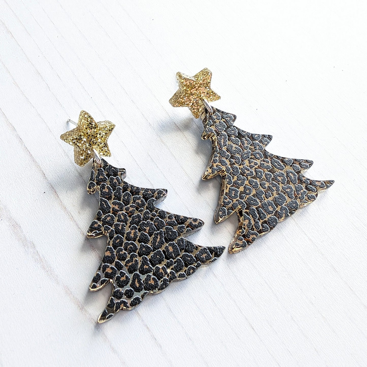 Large Drop Stud Christmas Tree Earrings Leopard