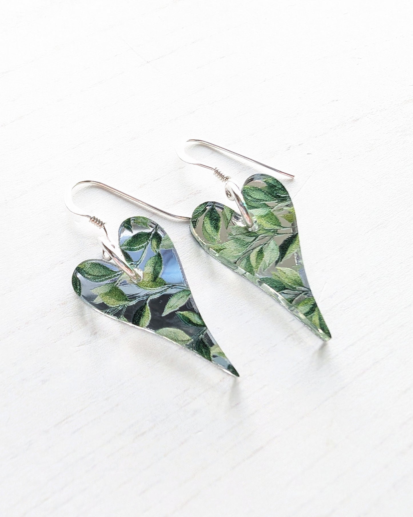 Long Heart Drop Earrings, leaf print