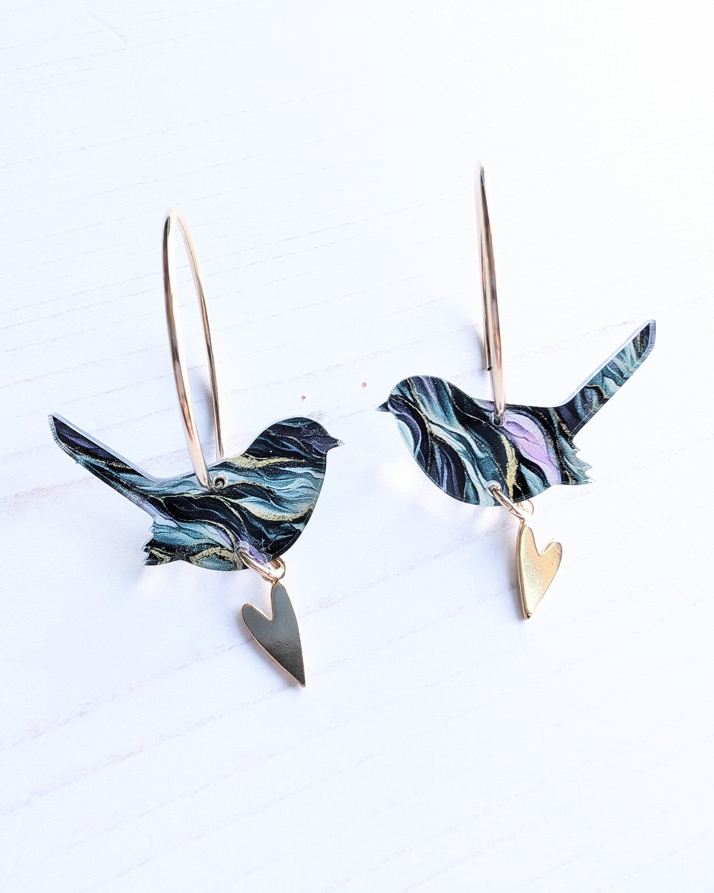 Wren and Heart Hoops Yellow Gold Fill