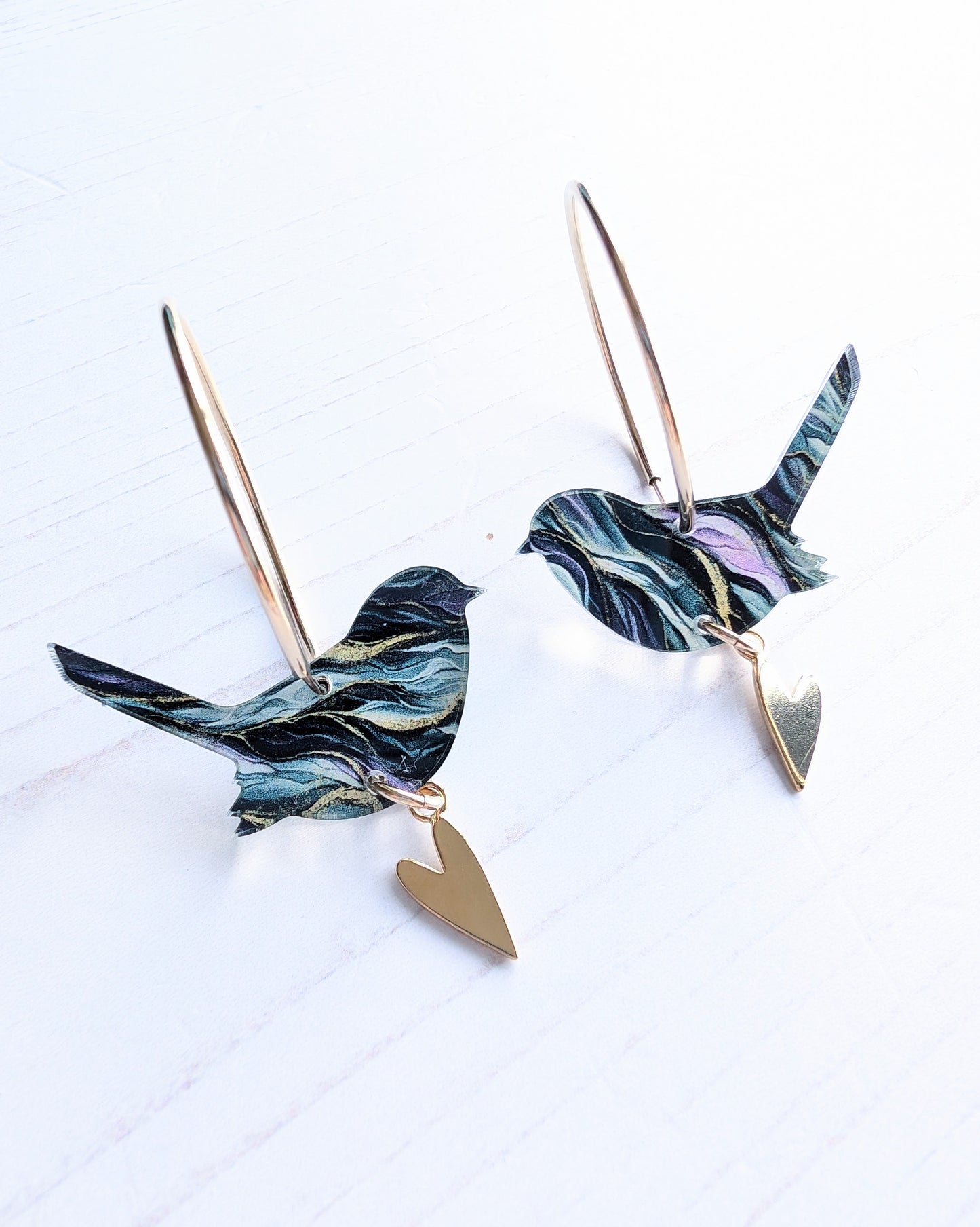 Wren and Heart Hoops Yellow Gold Fill