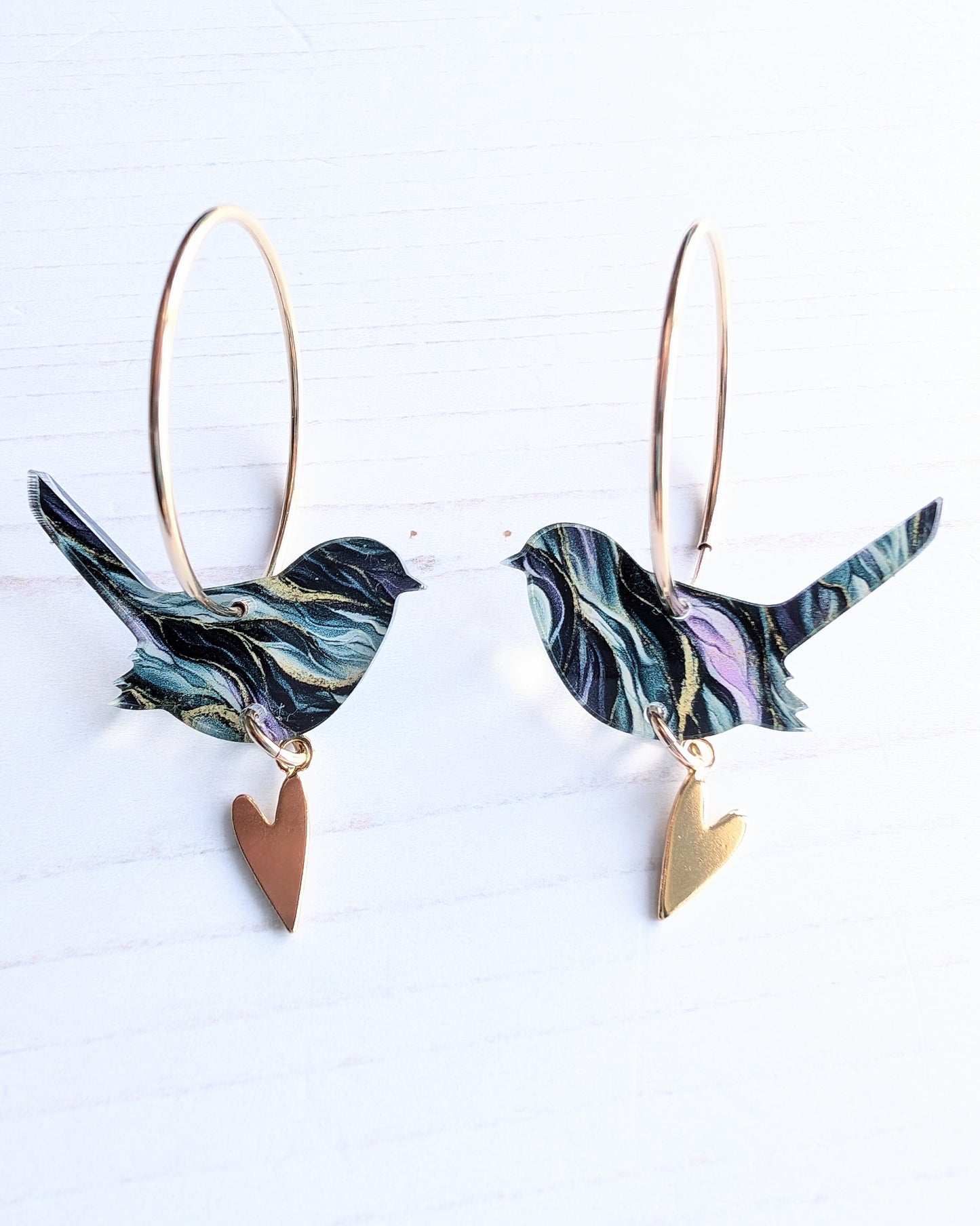 Wren and Heart Hoops Yellow Gold Fill