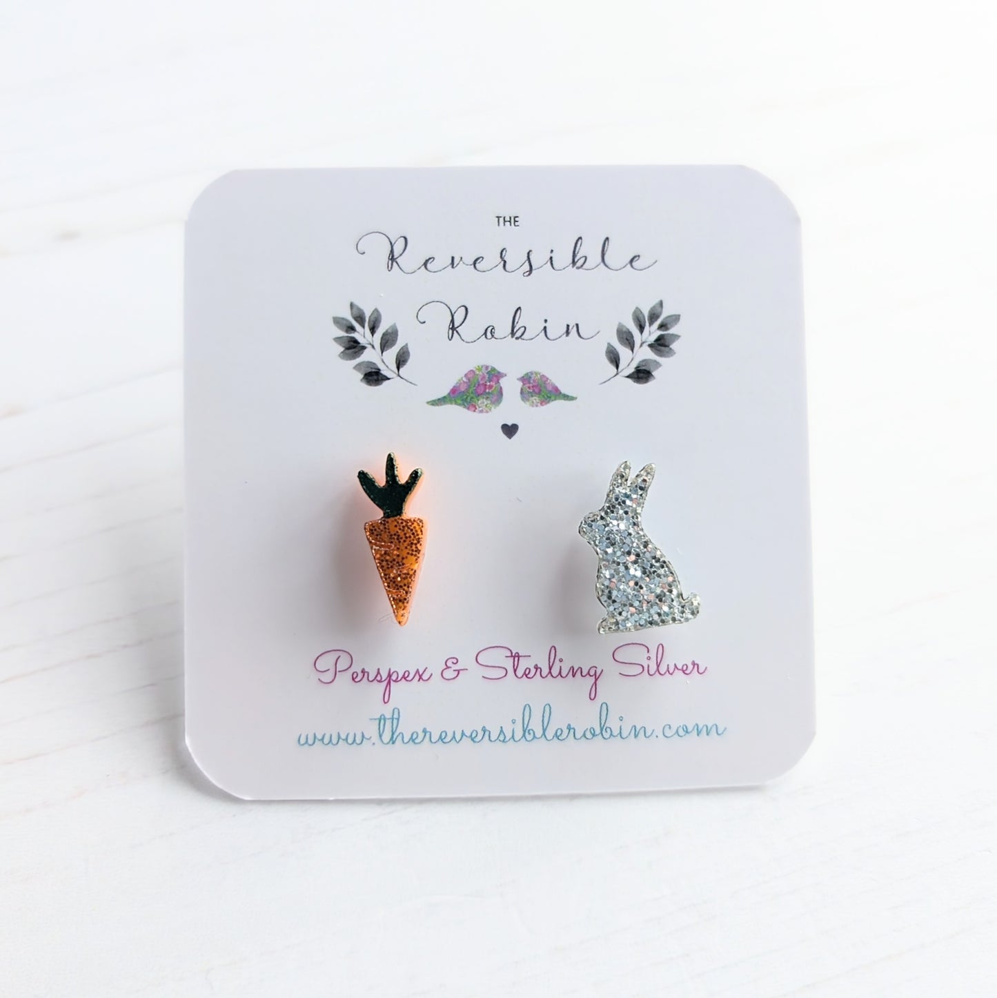 Bunny & Carrot Studs Silver Glitter