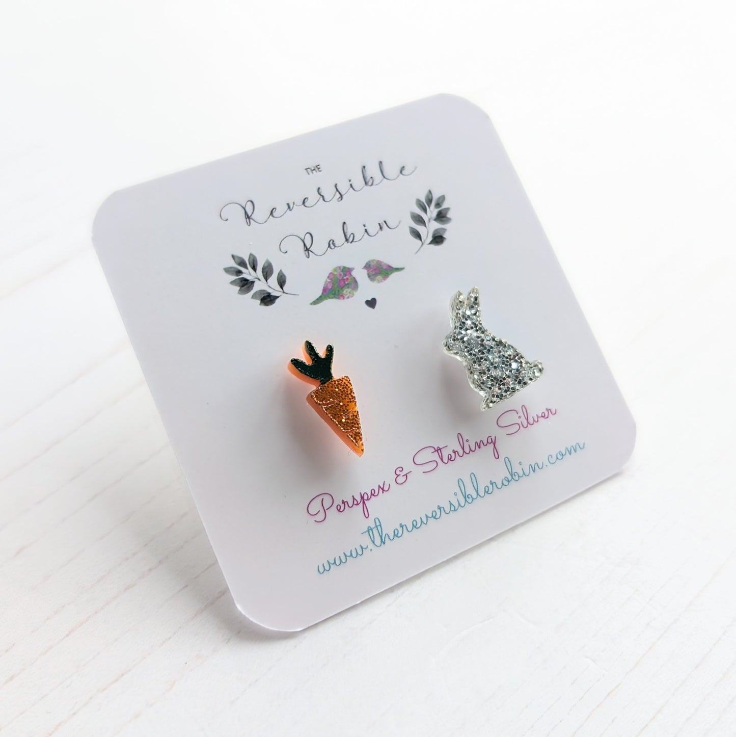 Bunny & Carrot Studs Silver Glitter