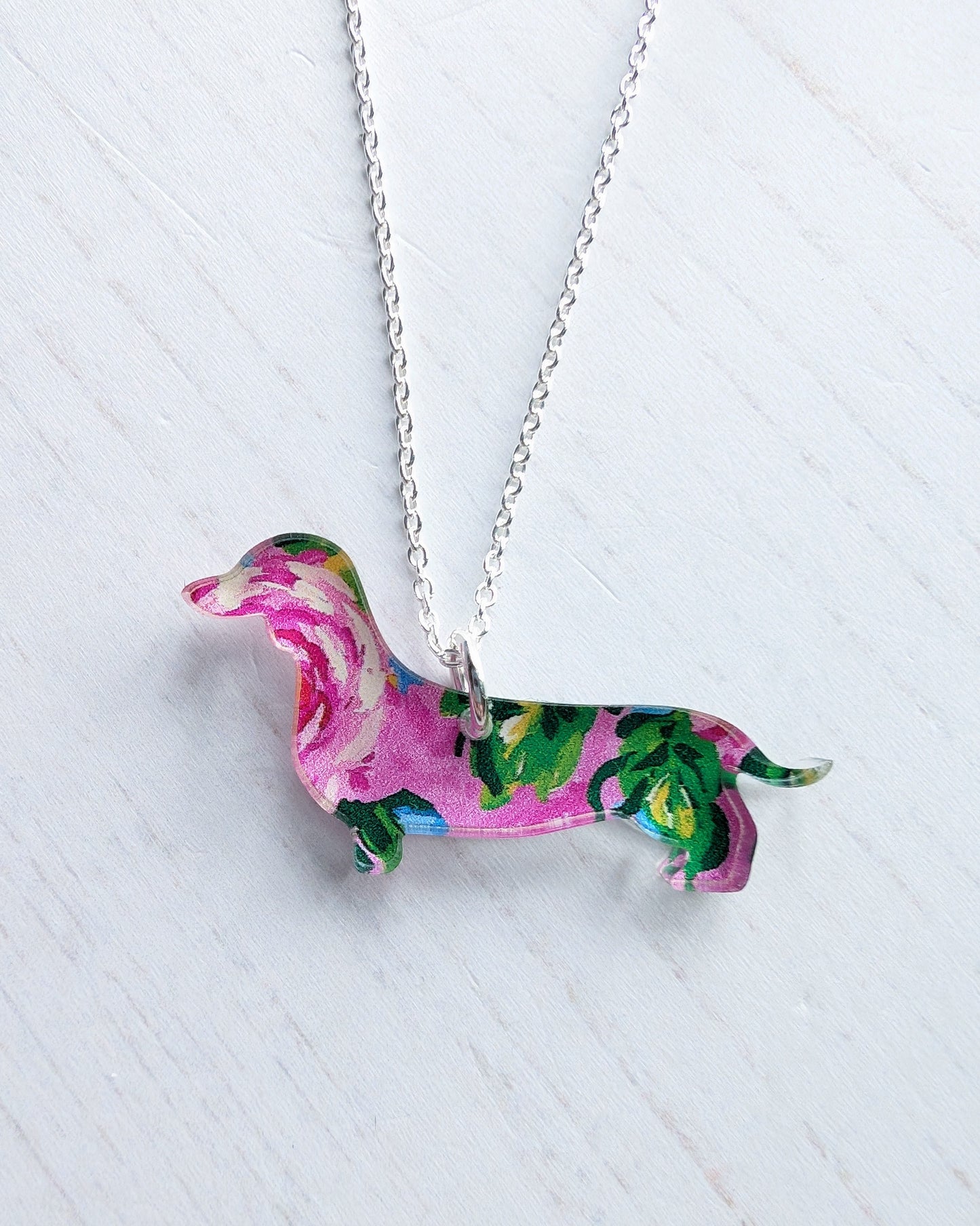 Sausage Dog Pendant - Pink Roses