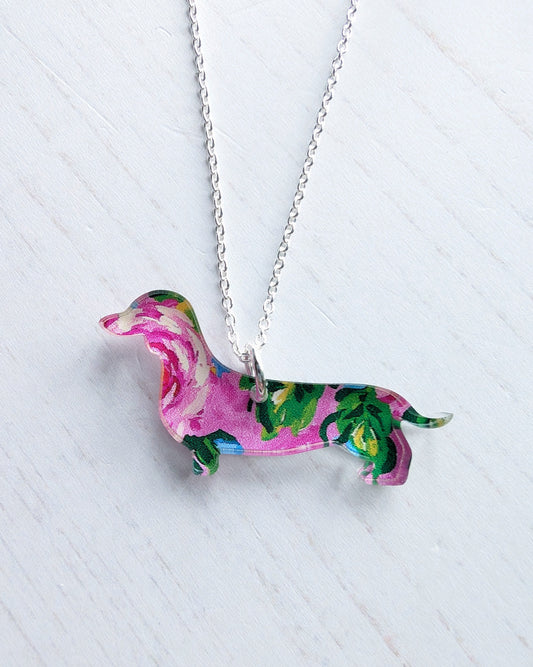Sausage Dog Pendant - Pink Roses