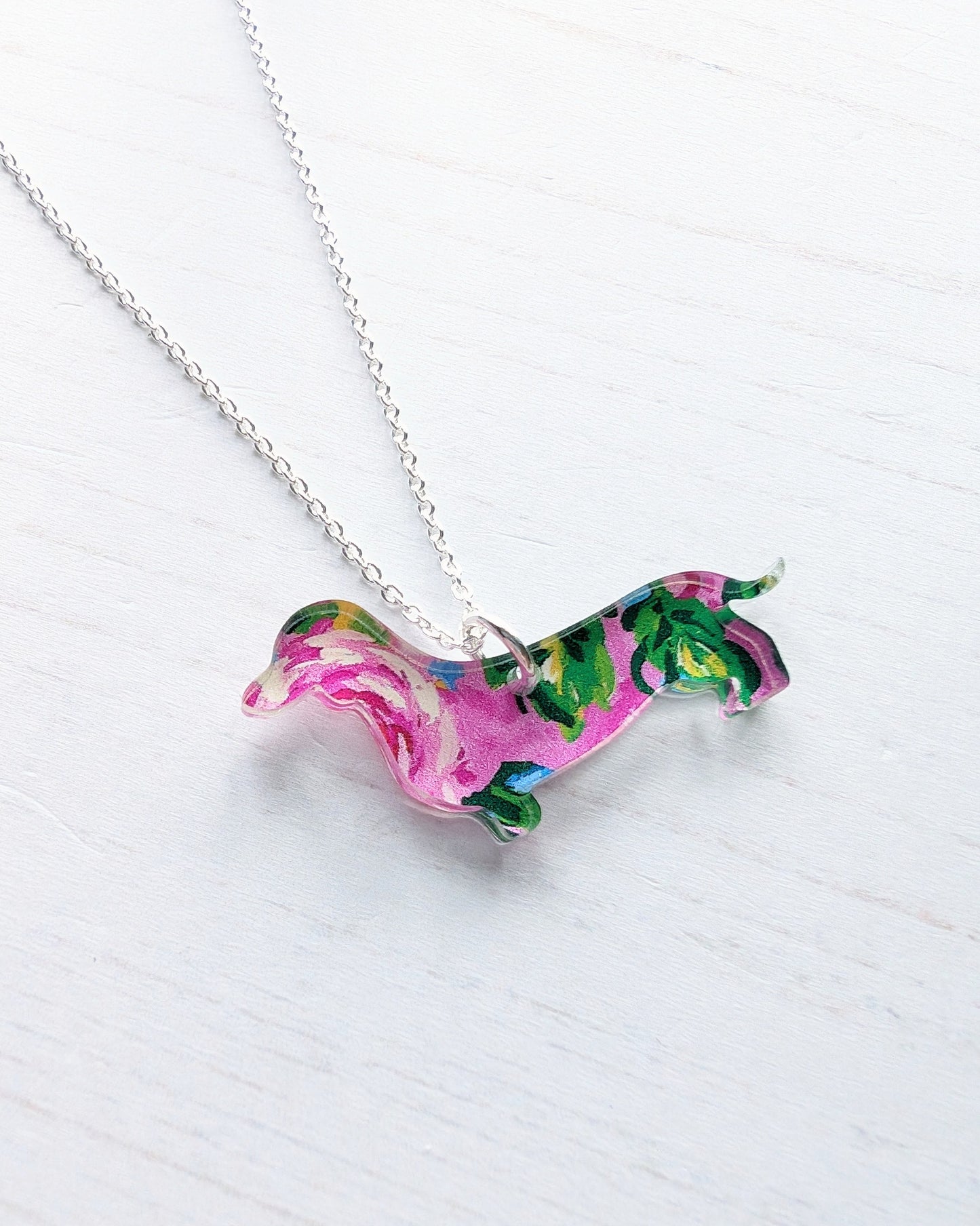Sausage Dog Pendant - Pink Roses