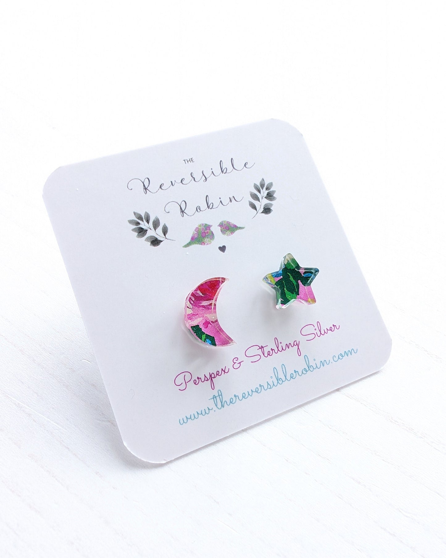 Moon & Star Studs - Pink Roses