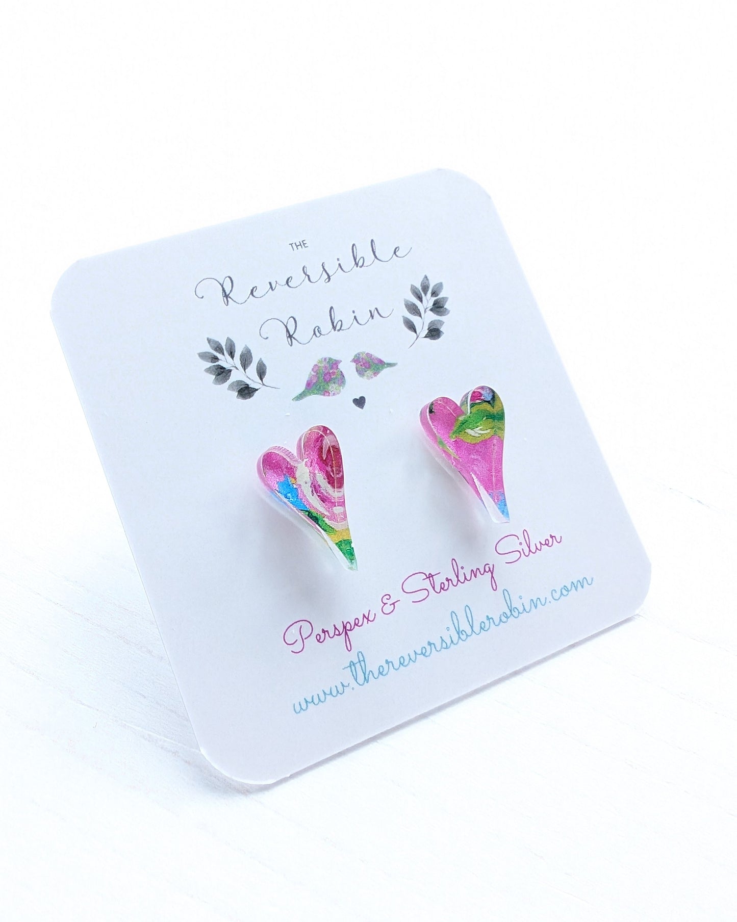 Long Heart Studs - Pink Roses