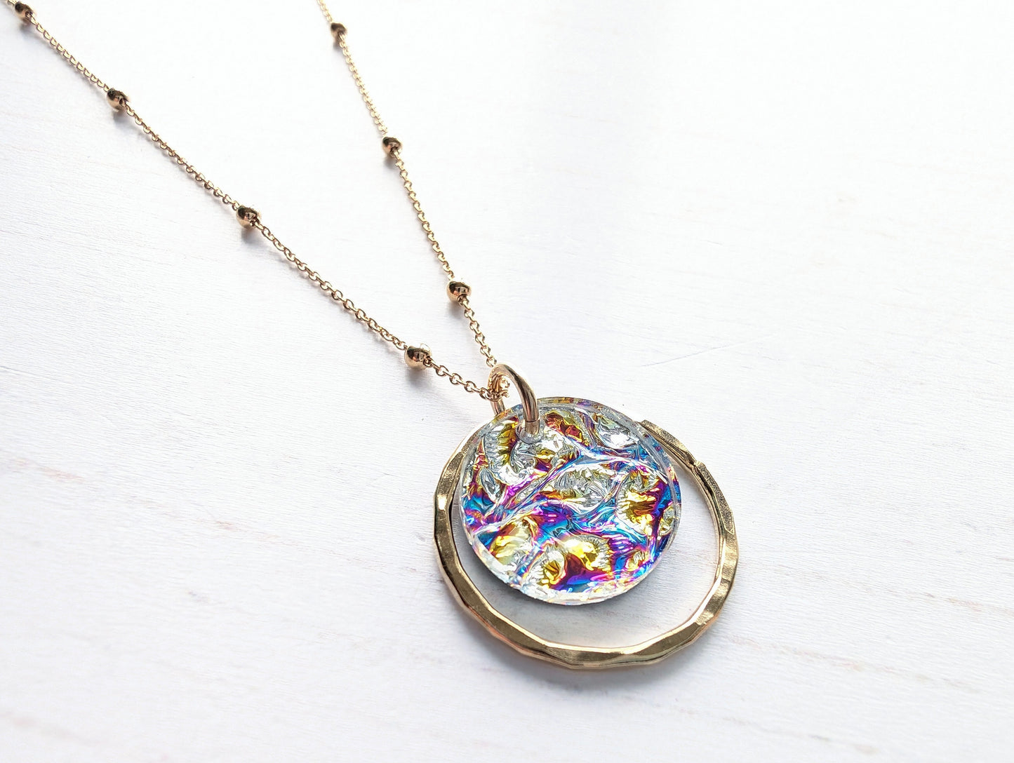 Yellow Gold Vermeil Dichrolam hammered Circle pendant