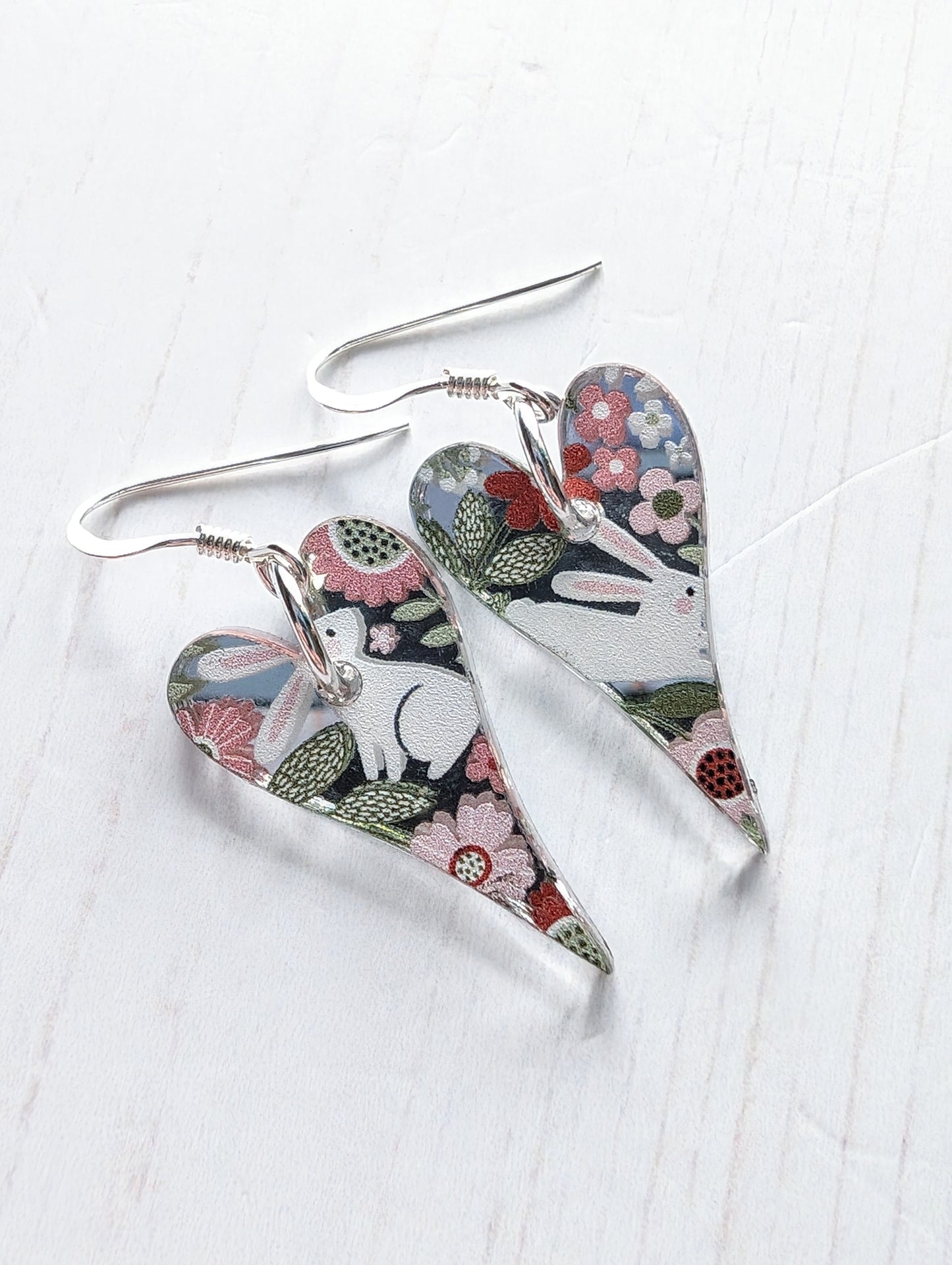 Long Heart Drop Earrings Bunny Print