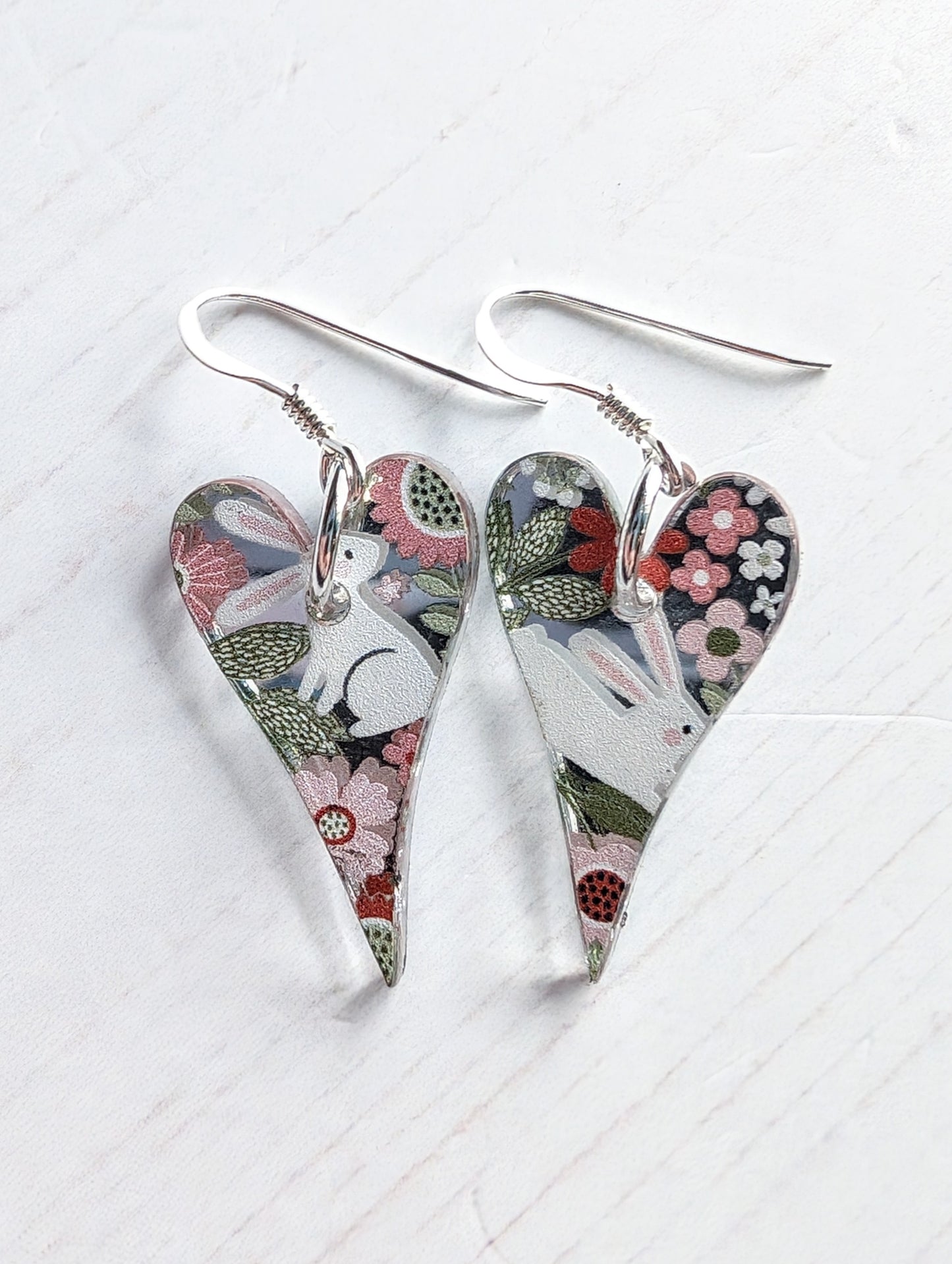 Long Heart Drop Earrings Bunny Print