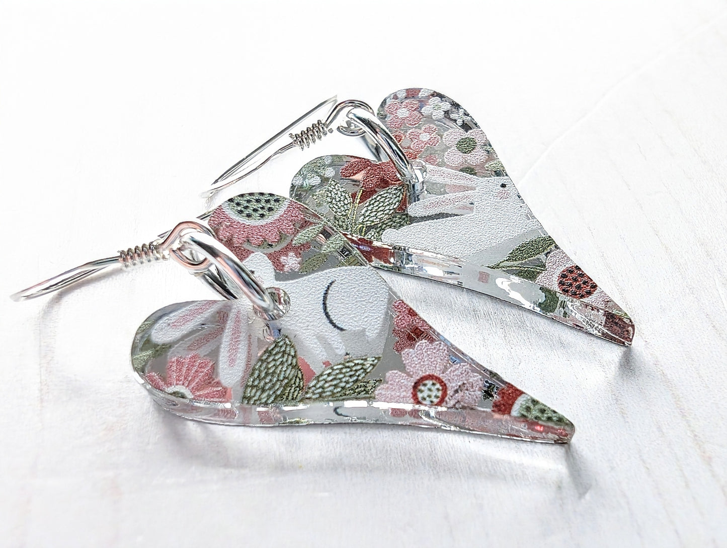 Long Heart Drop Earrings Bunny Print