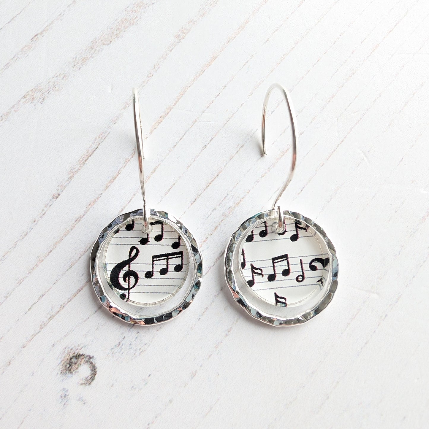 Hammered Circle Earrings Music Print