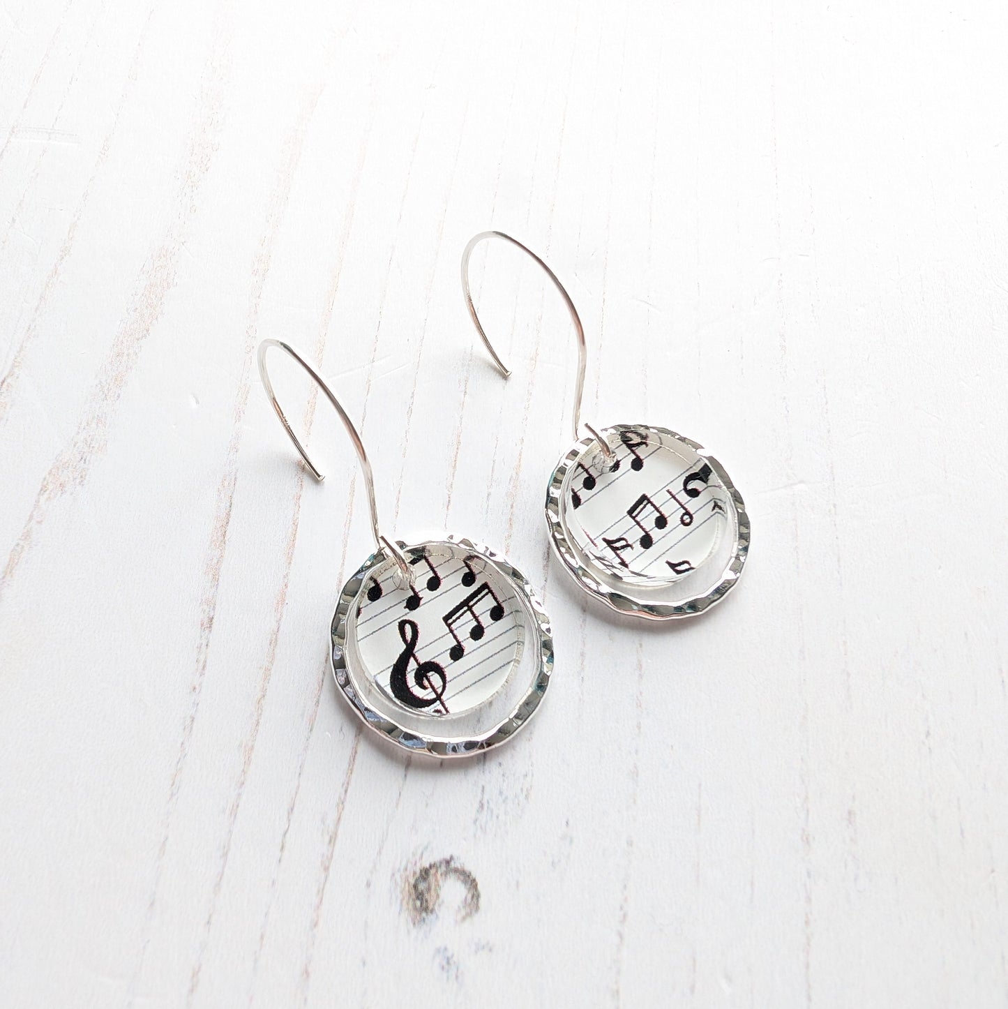 Hammered Circle Earrings Music Print