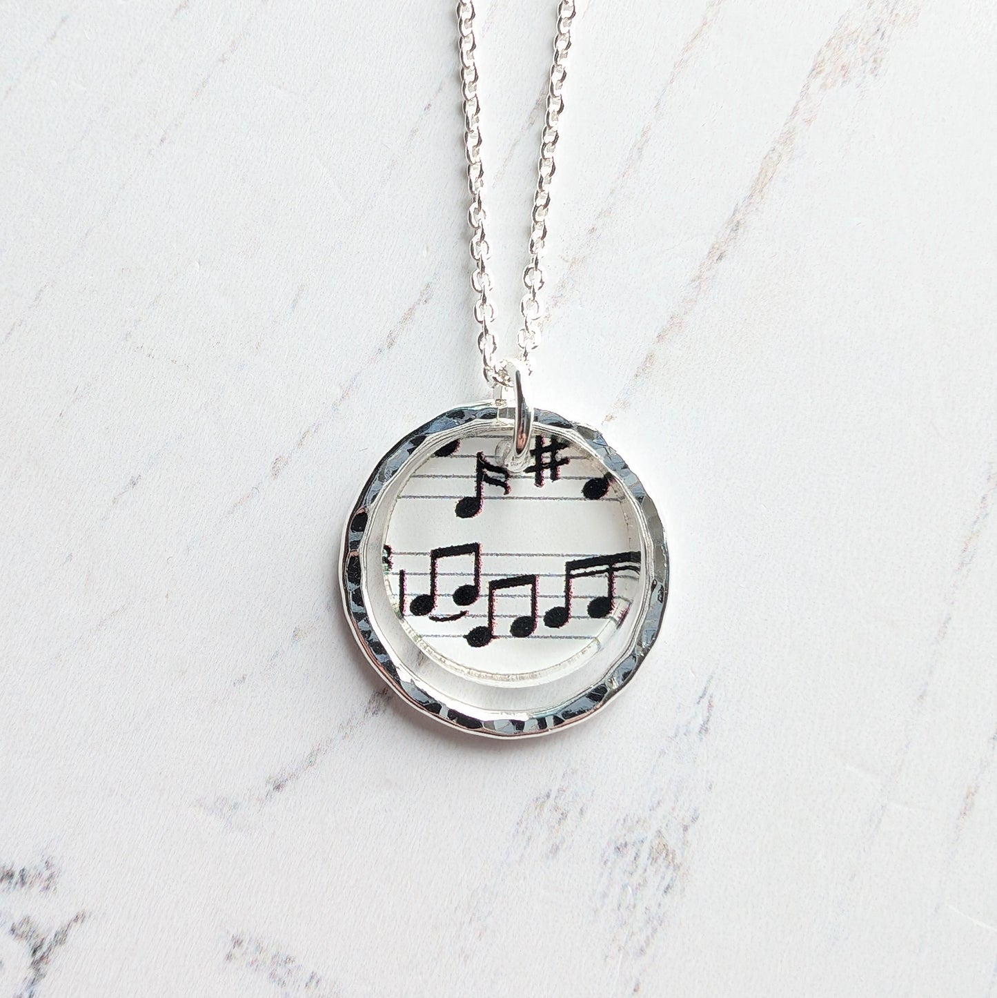 Hammered Circle Pendant, Music Print