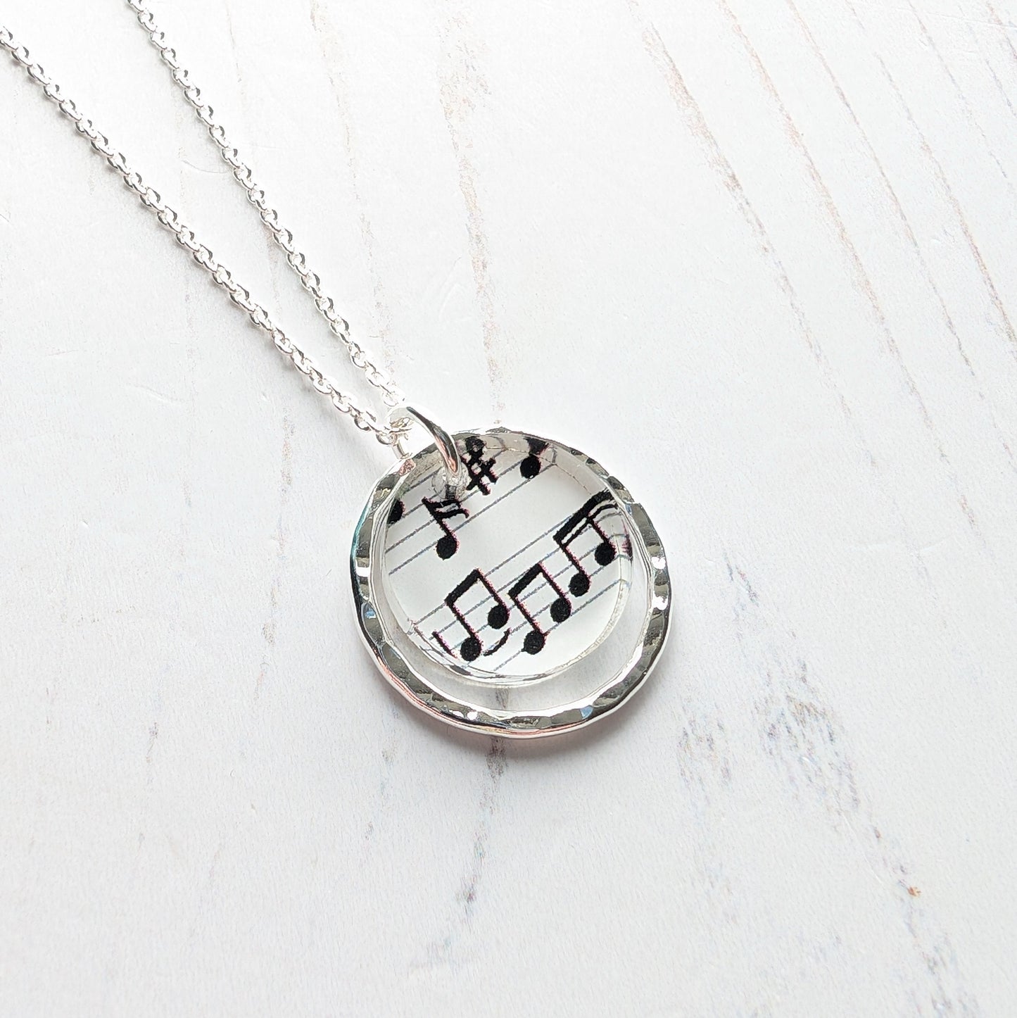 Hammered Circle Pendant, Music Print