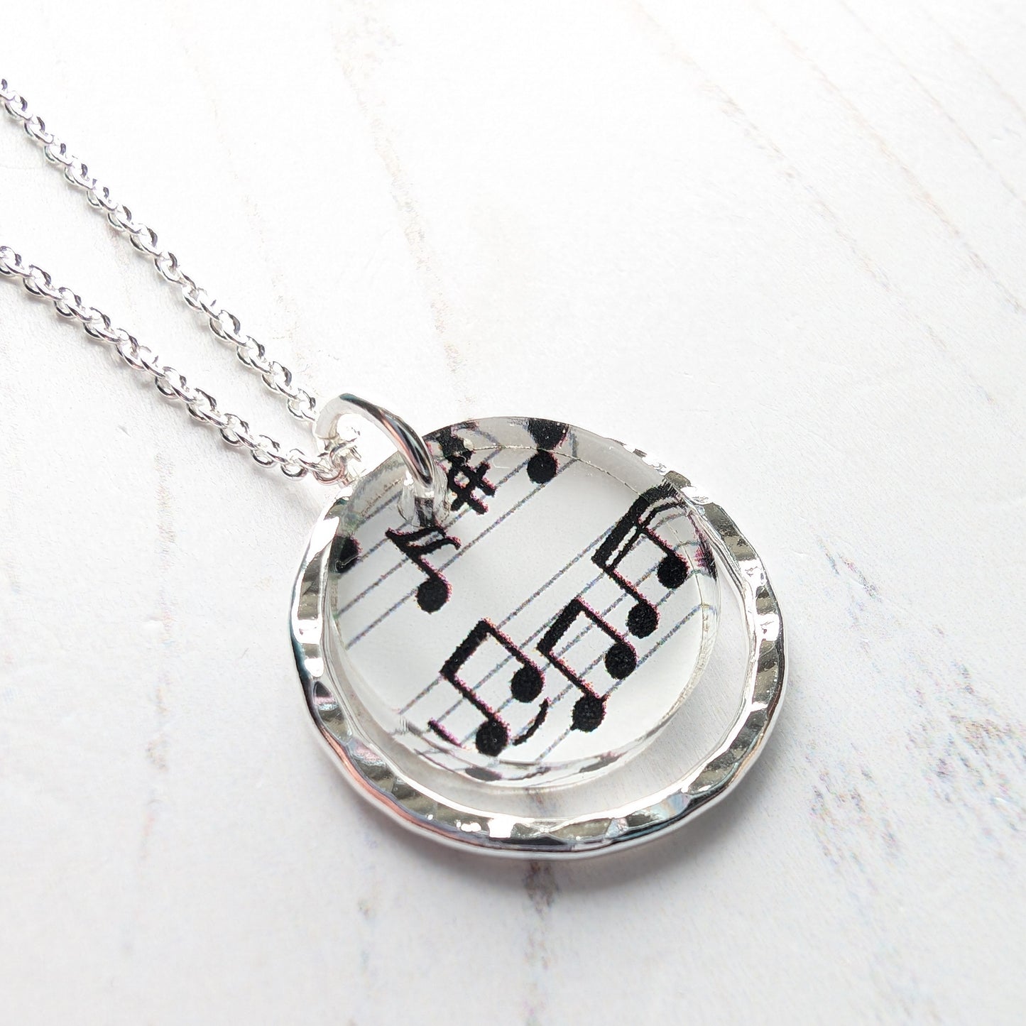 Hammered Circle Pendant, Music Print
