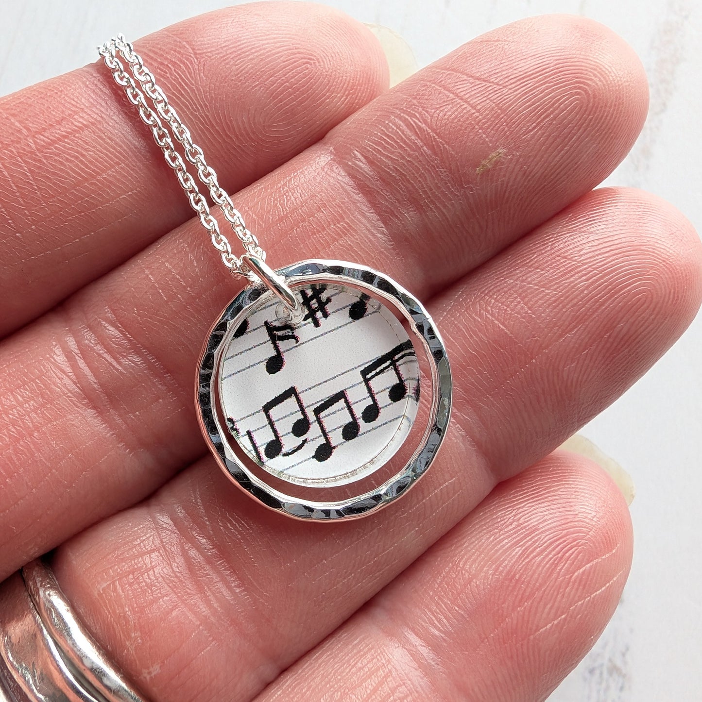 Hammered Circle Pendant, Music Print