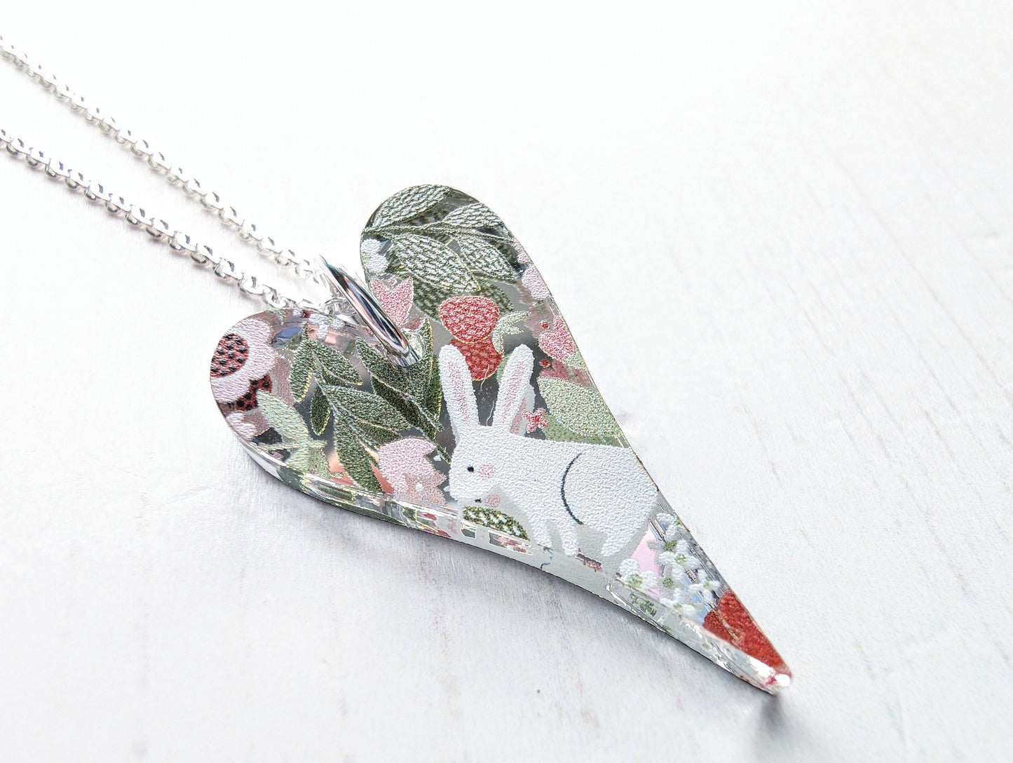 Long Heart Pendant with Bunny Print