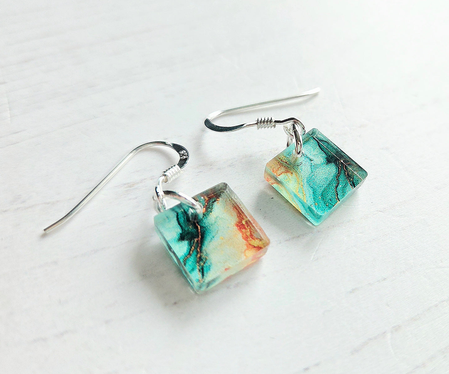 Square drop earrings, Green and orange marble