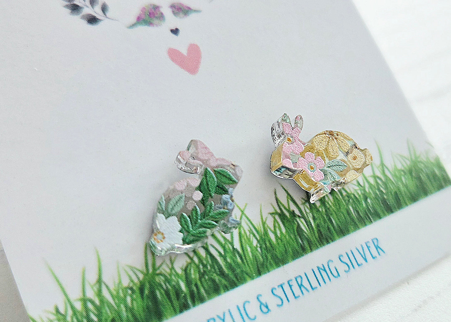Rabbit studs, mirrored acrylic with pastel floral print