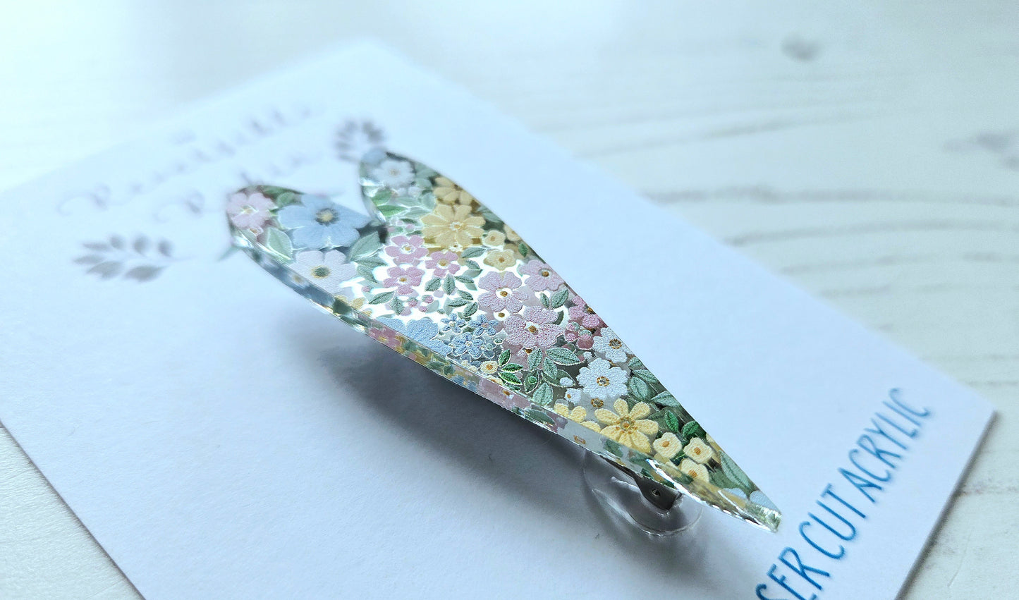 Long Heart Brooch, mirrored acrylic with pastel spring floral