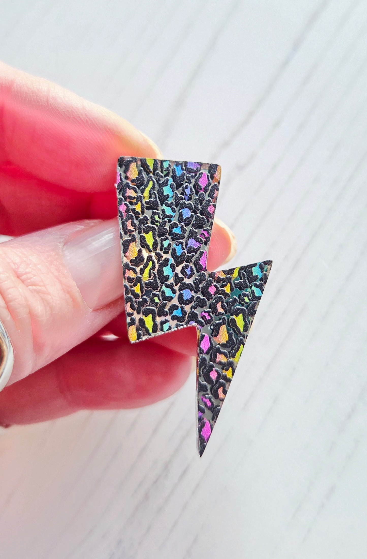 Lightning Bolt Brooch, Mirrored Rainbow Leopard print