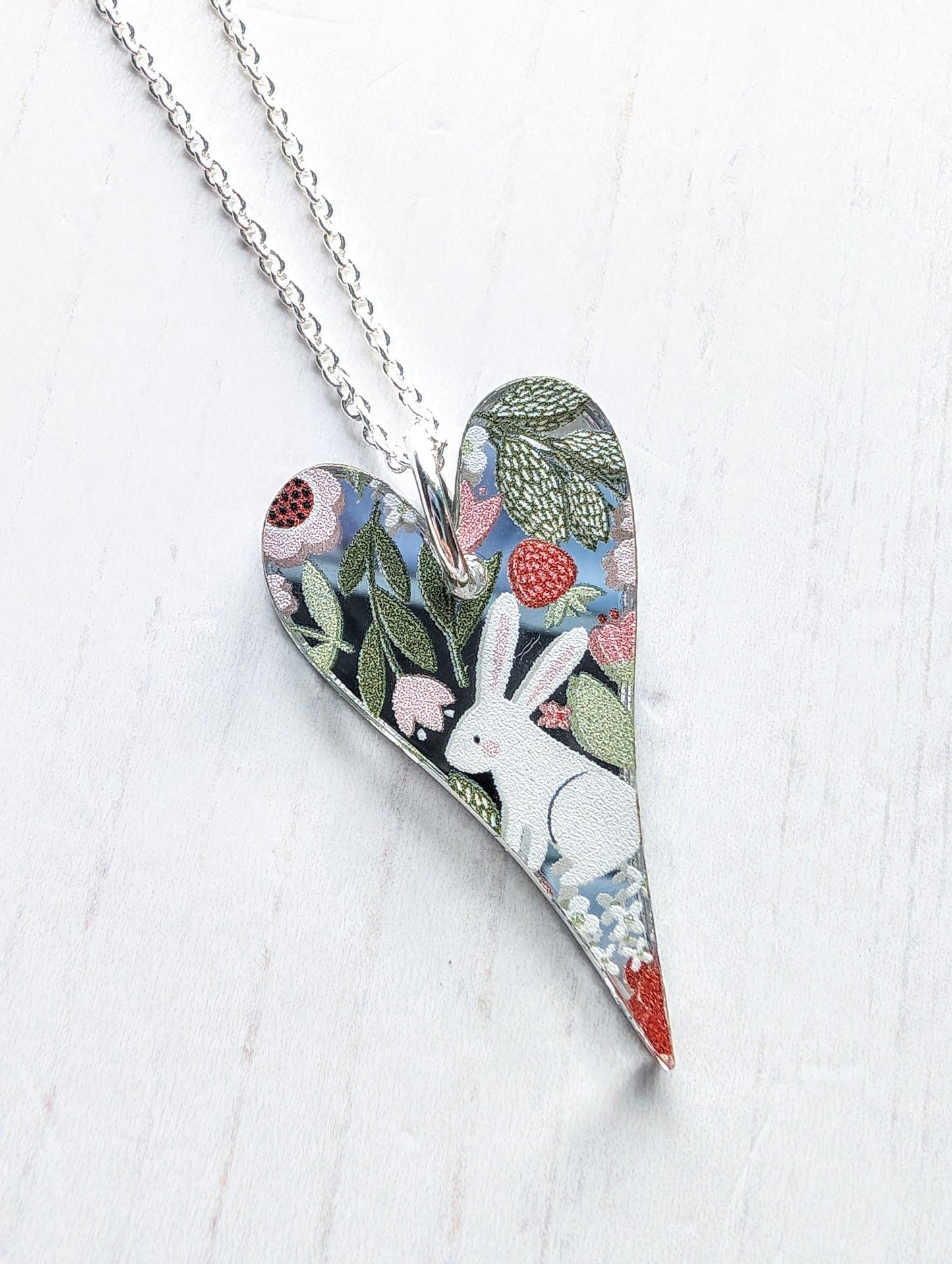 Long Heart Pendant with Bunny Print