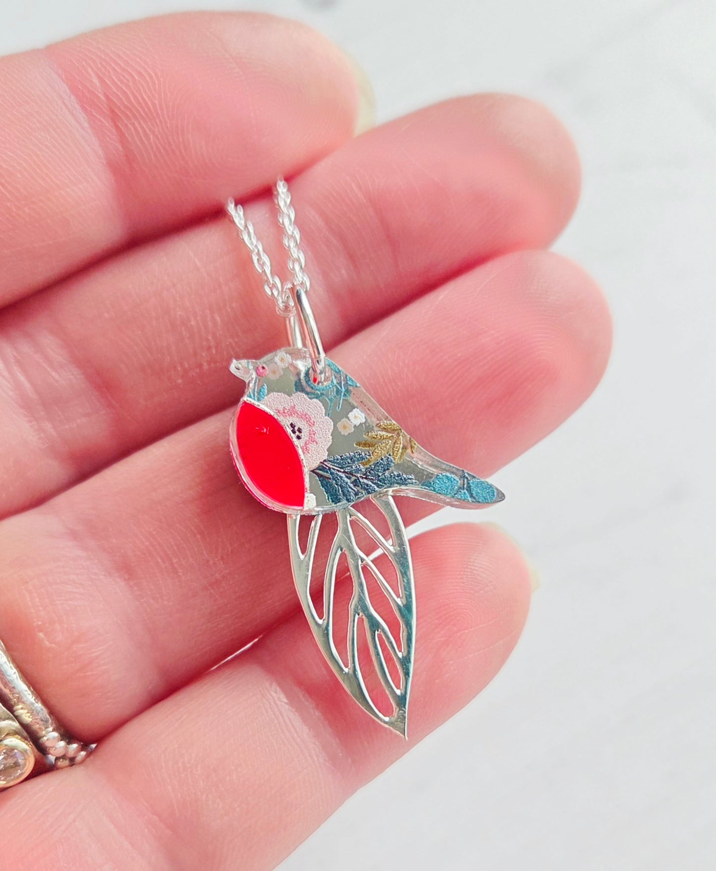 Robin and Leaf Pendant, Silver Mirror