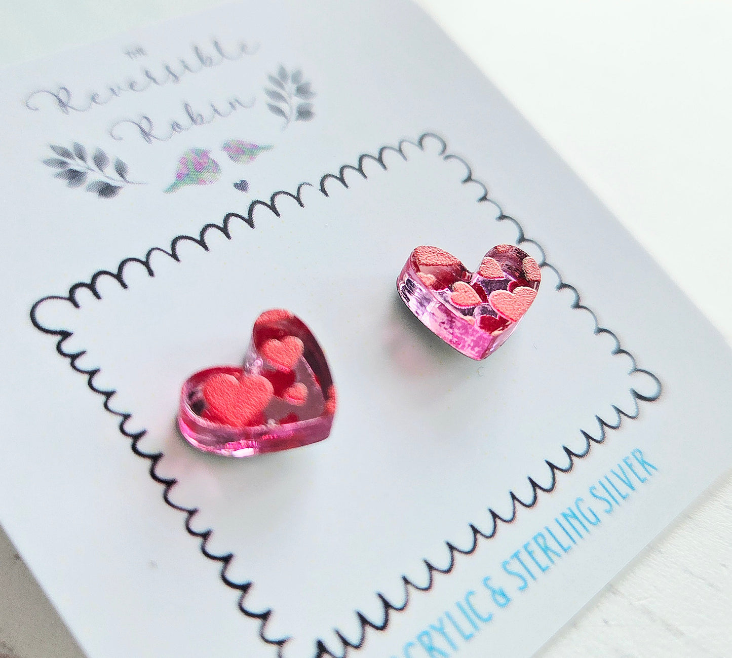 Puffy Heart Studs, pink mirror and red heart print
