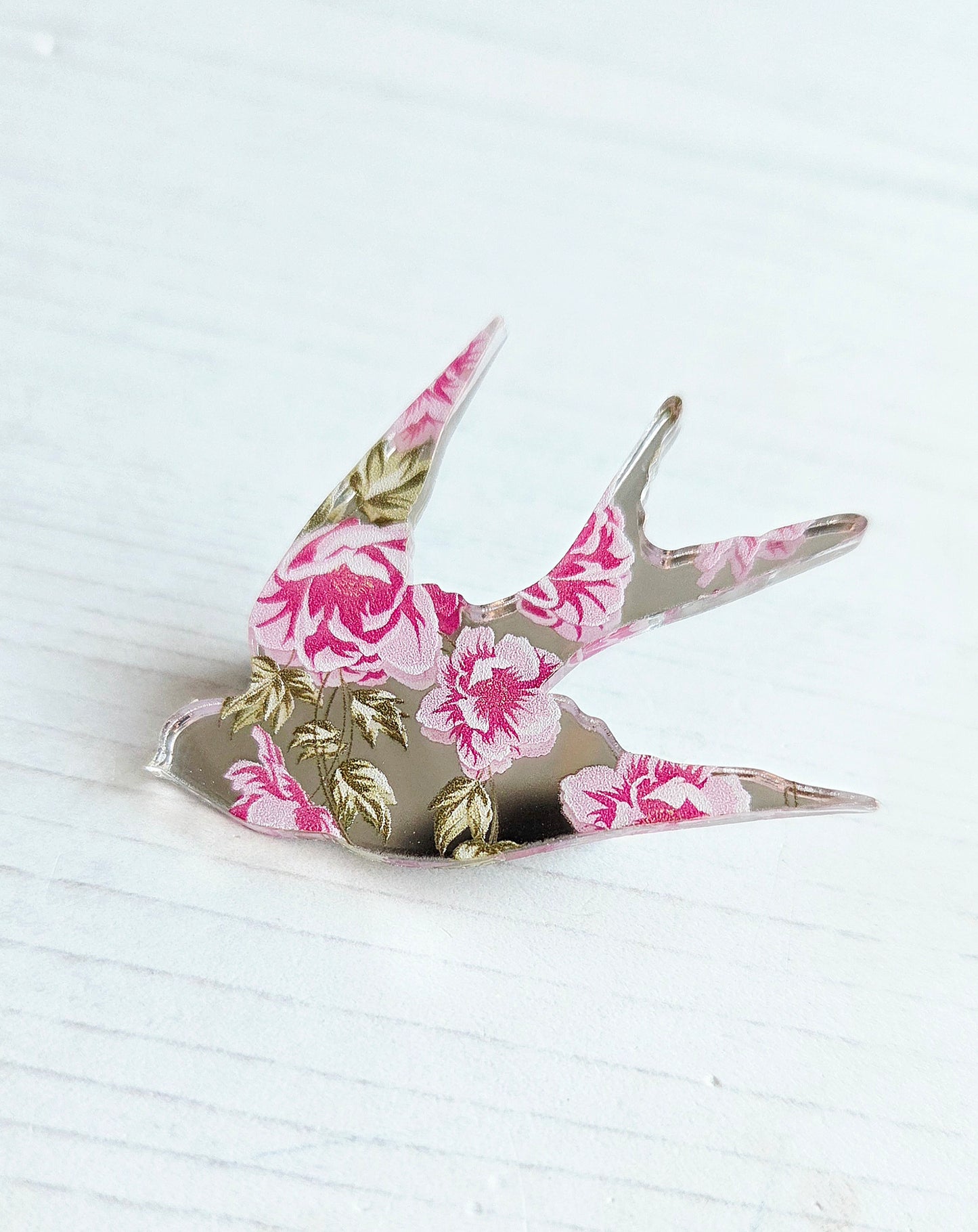 Swallow Brooch, Pink Flowers