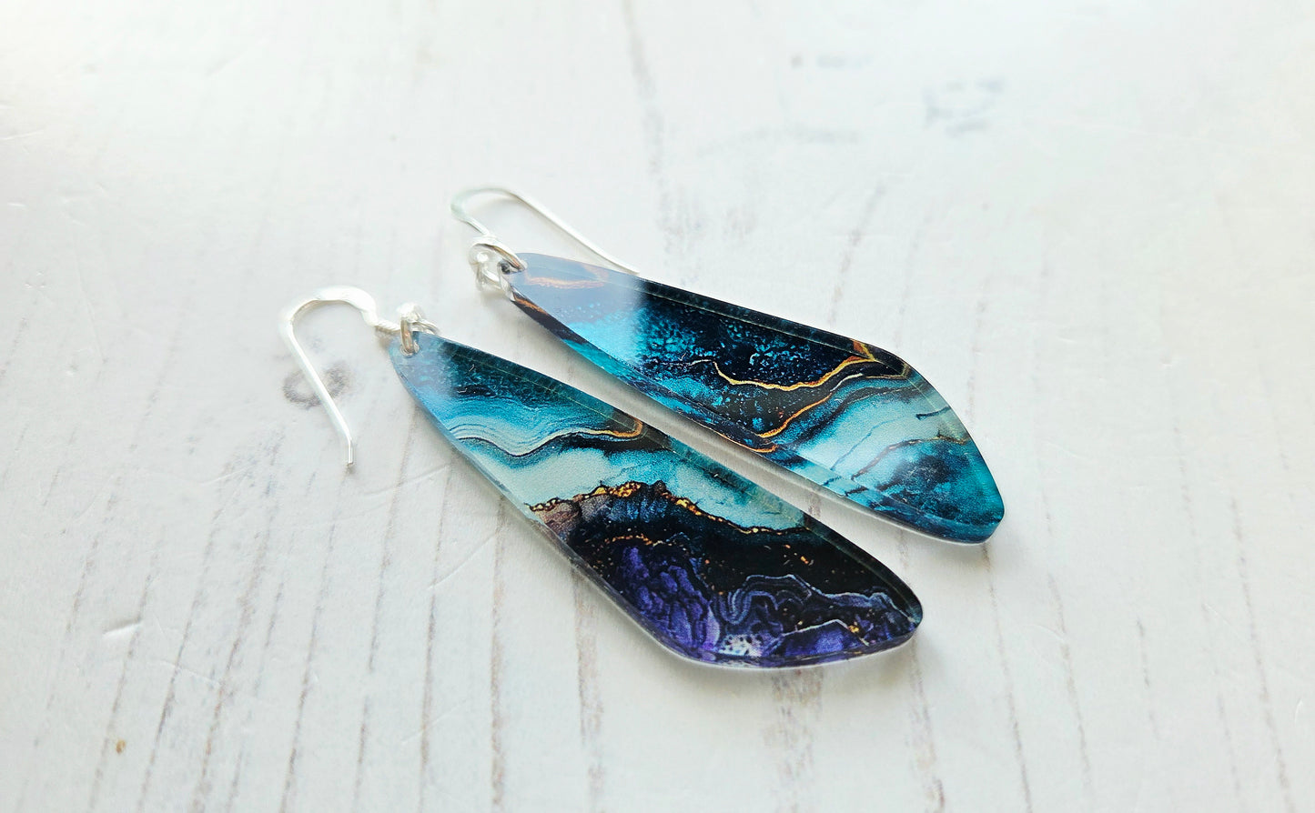 Statement drop earrings, blue ripple