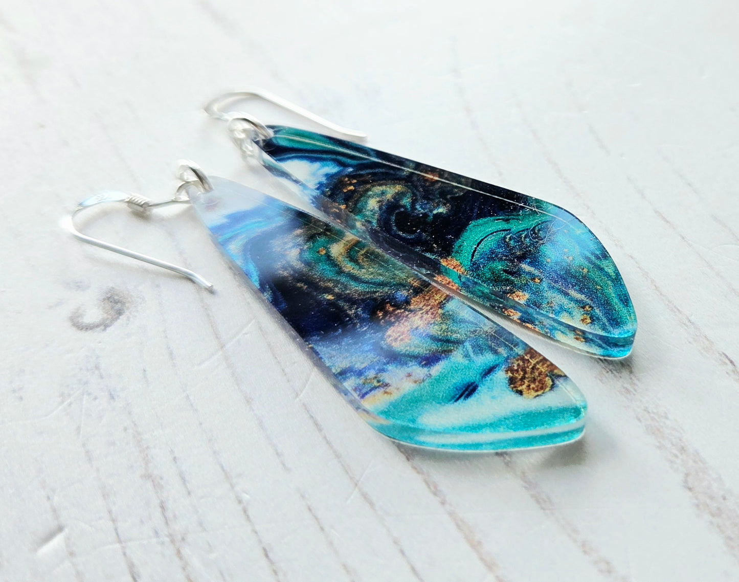Statement drop earrings, Turquoise and gold swirl