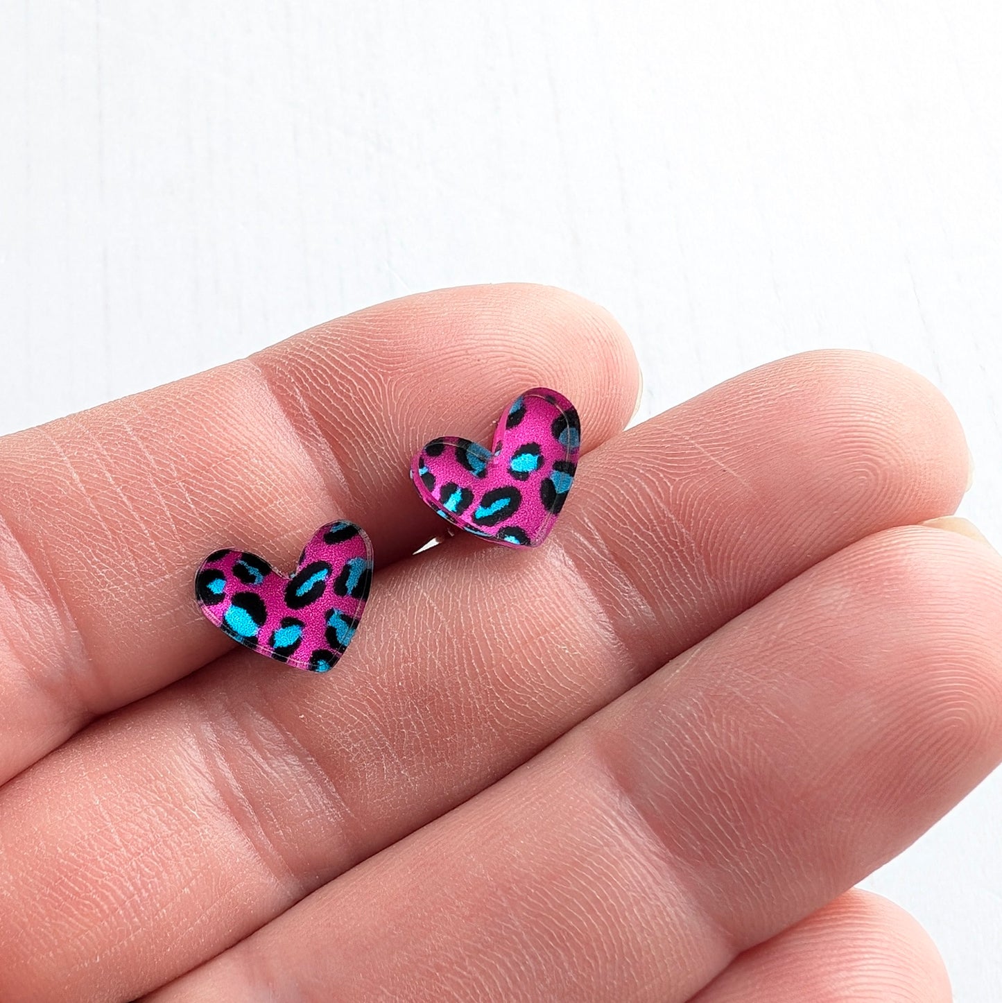 Pink Leopard Puffy Heart Studs