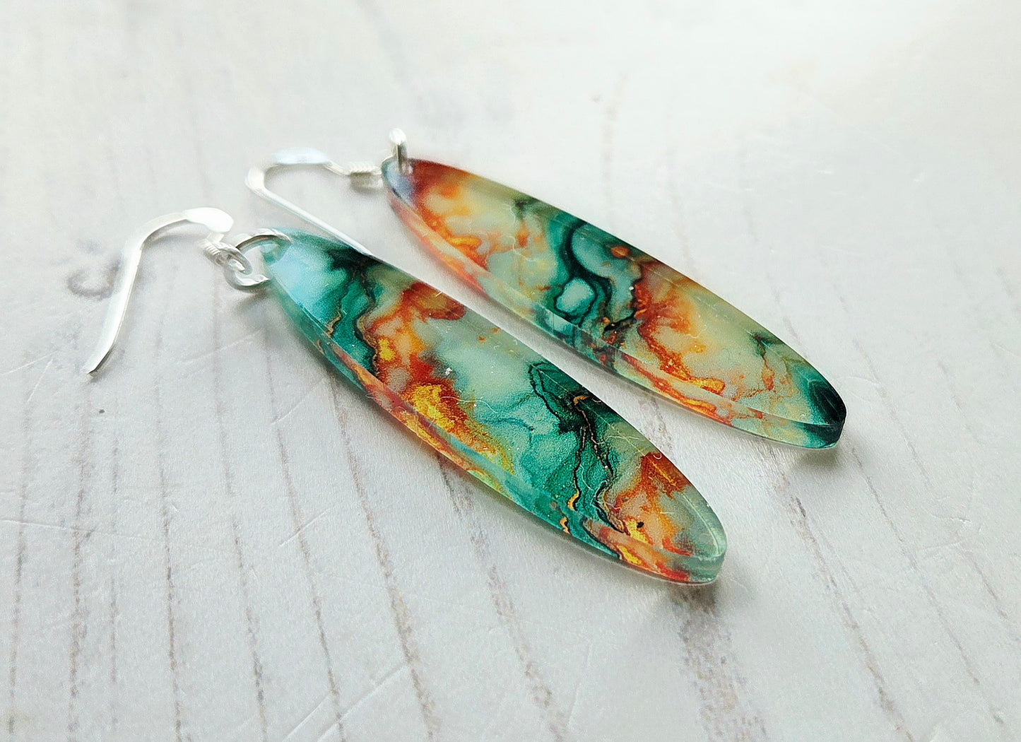 Long oval Statement earrings, Green and orange ripple