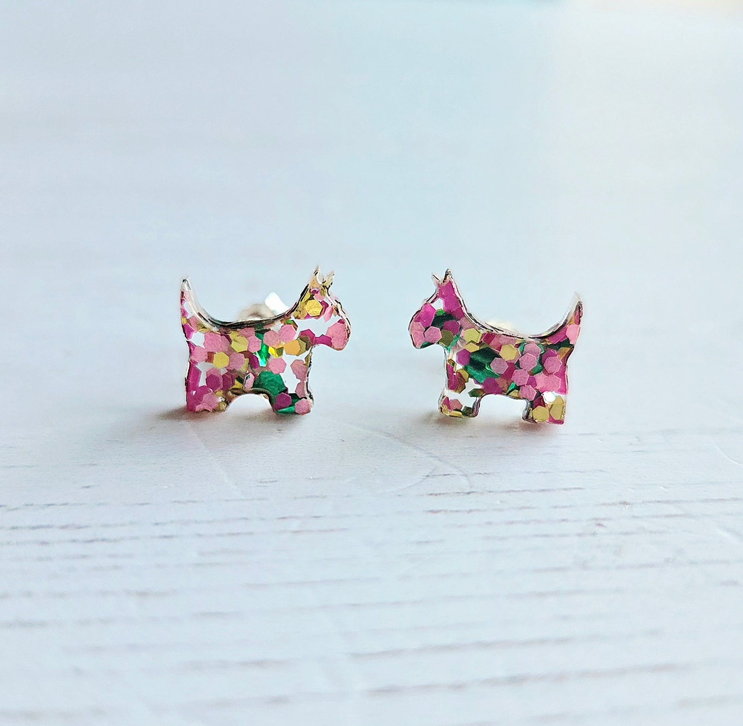 Scottie Dog studs, pink & green glitter