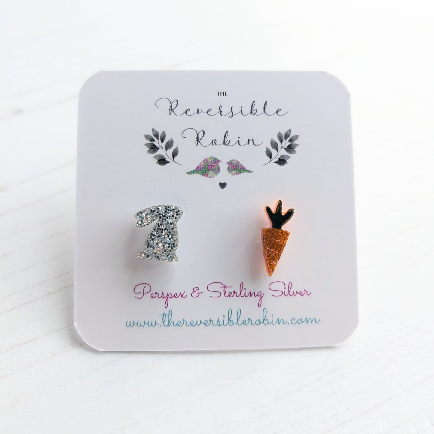 Lop Bunny bunny & Carrot Studs, silver glitter