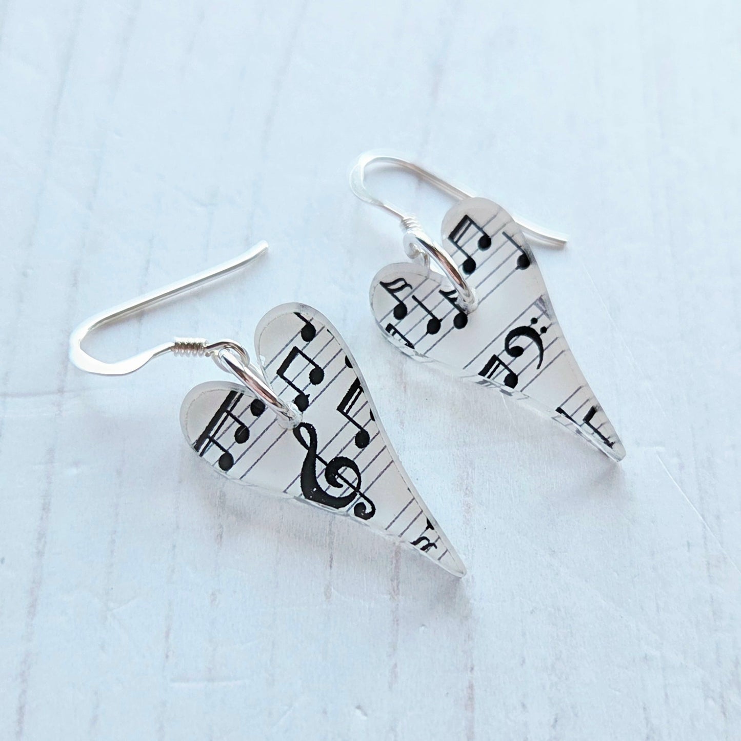 Long Heart drop earrings, music note