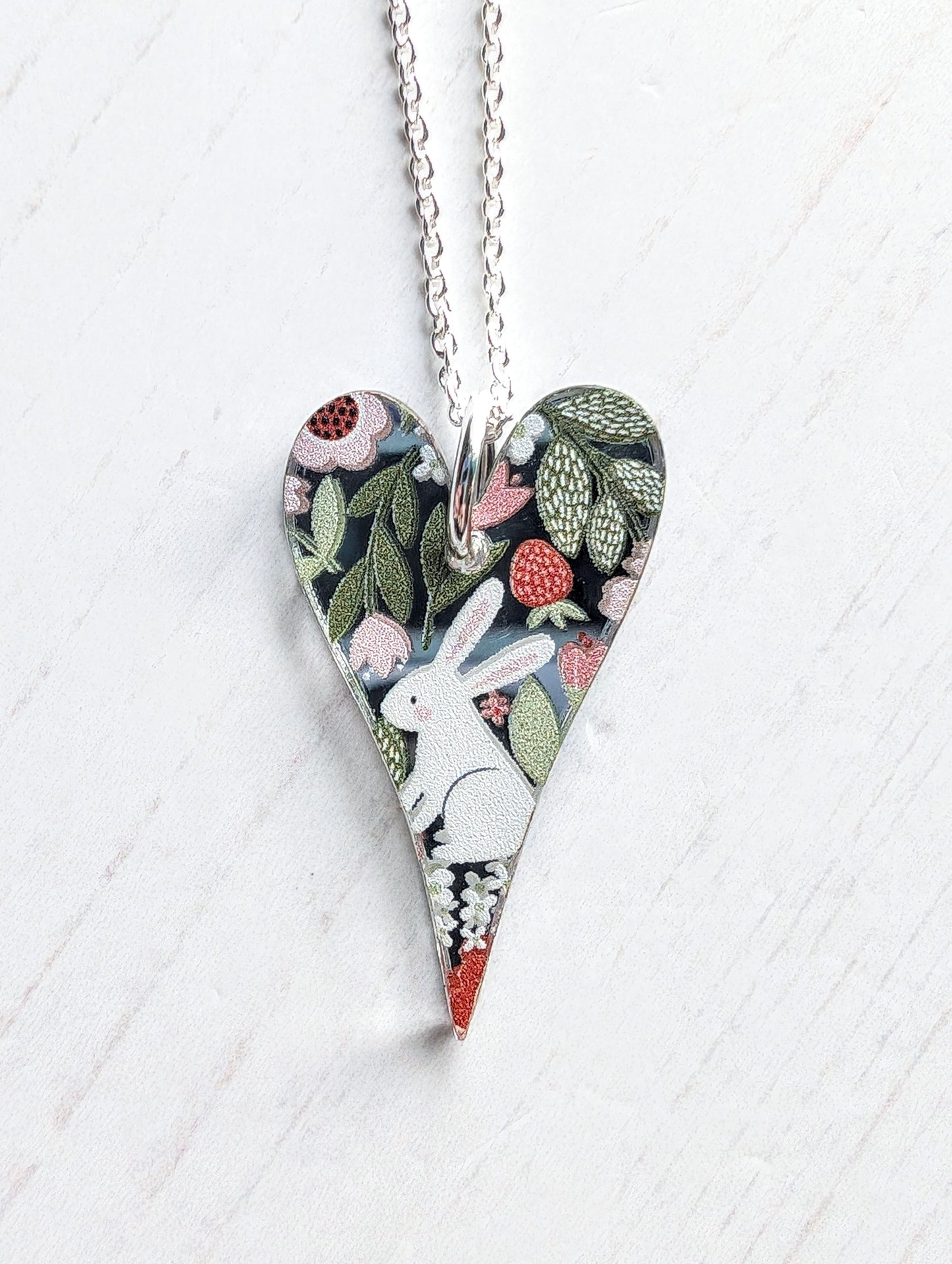 Long Heart Pendant with Bunny Print
