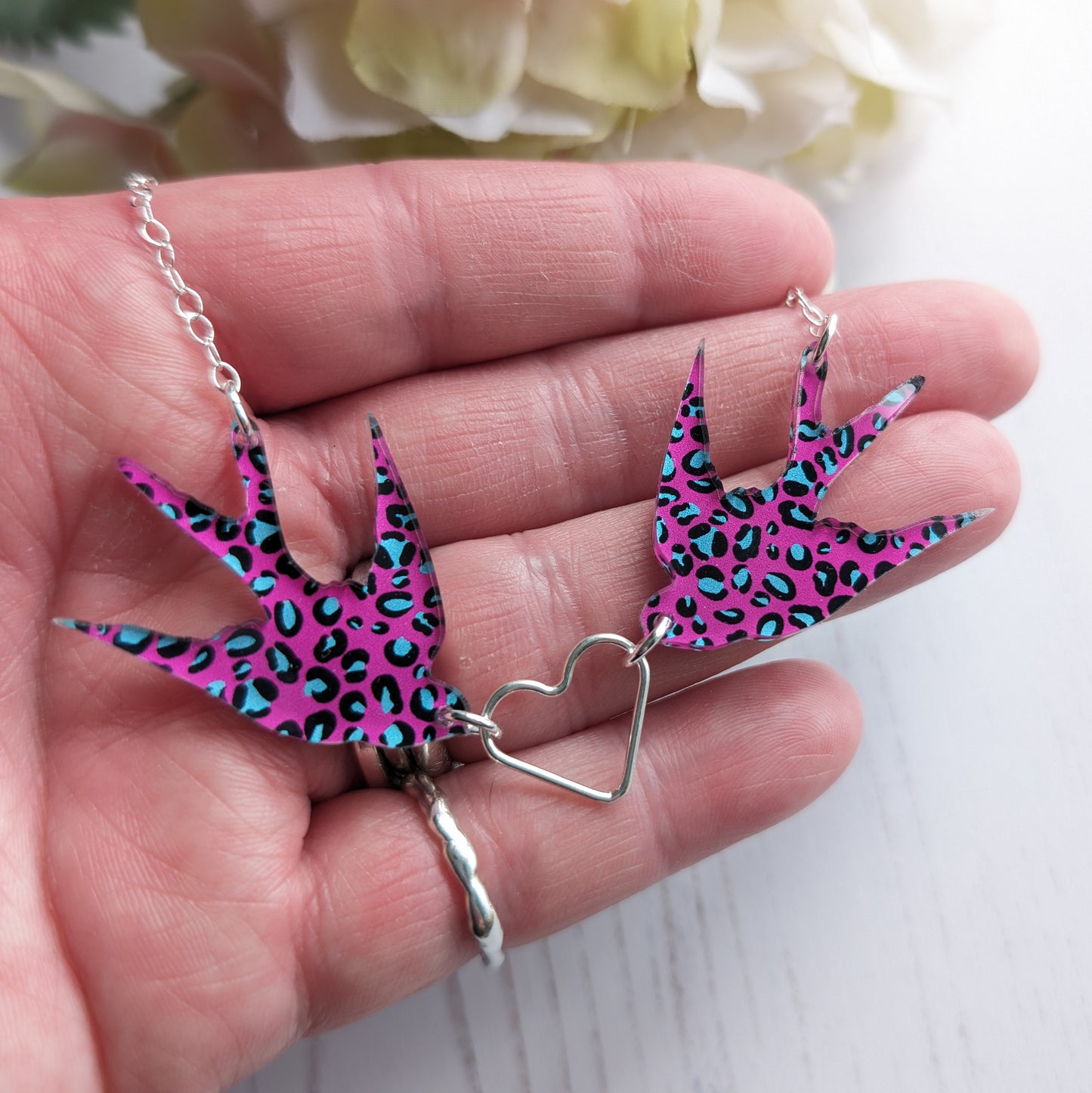 Double Swallow and Heart Necklace