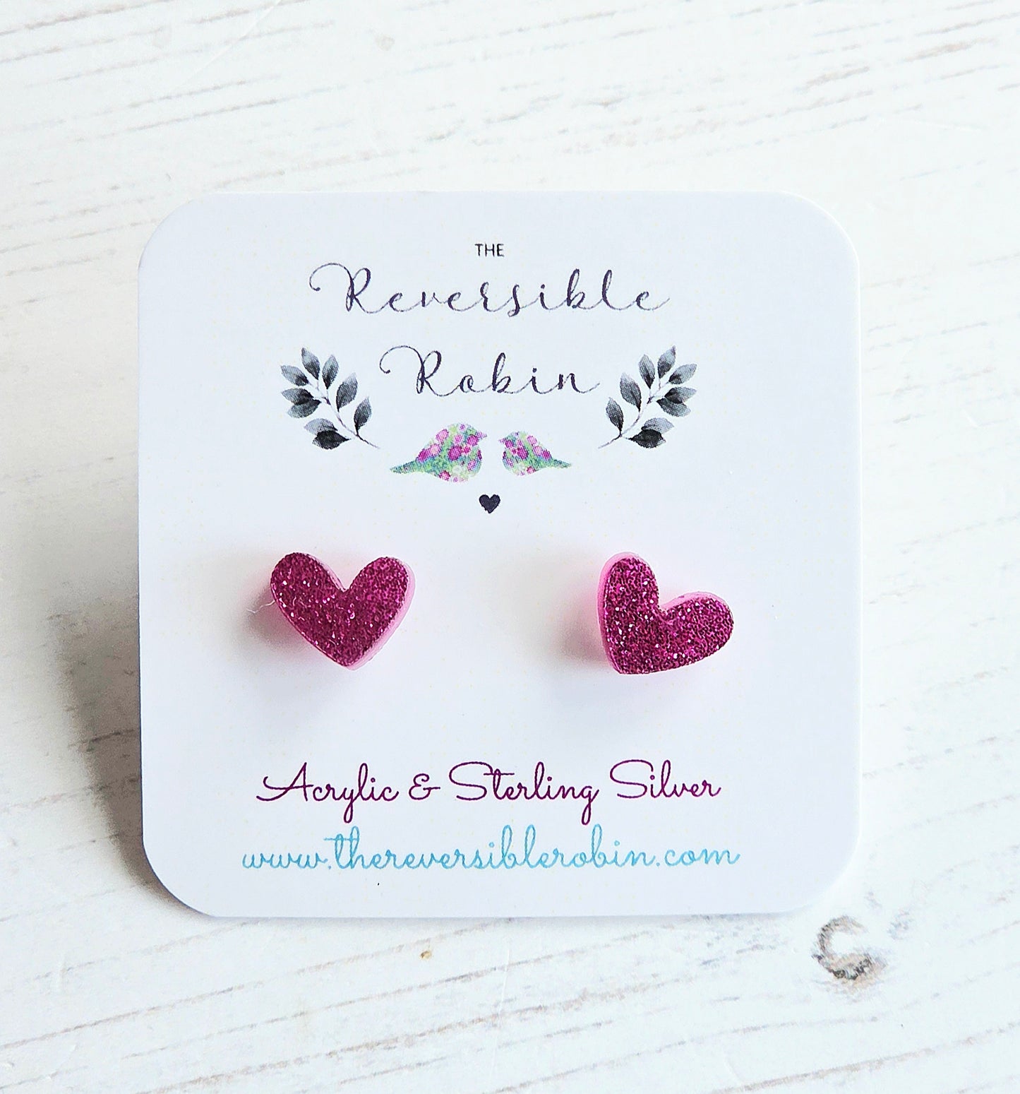 Puffy Heart Studs, Magenta Glitter