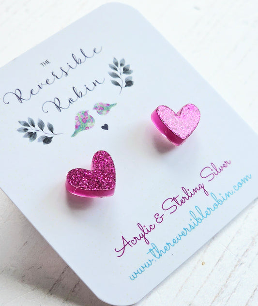 Puffy Heart Studs, Magenta Glitter